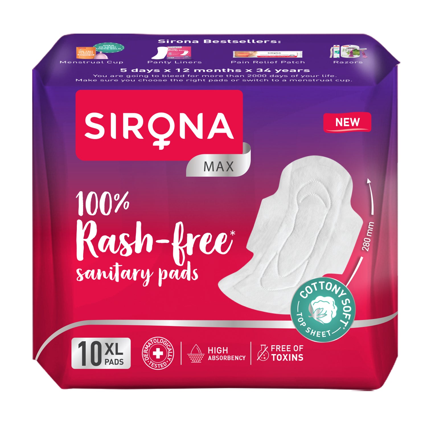 Sirona sanitary pads packaging with purple and red design on a white background