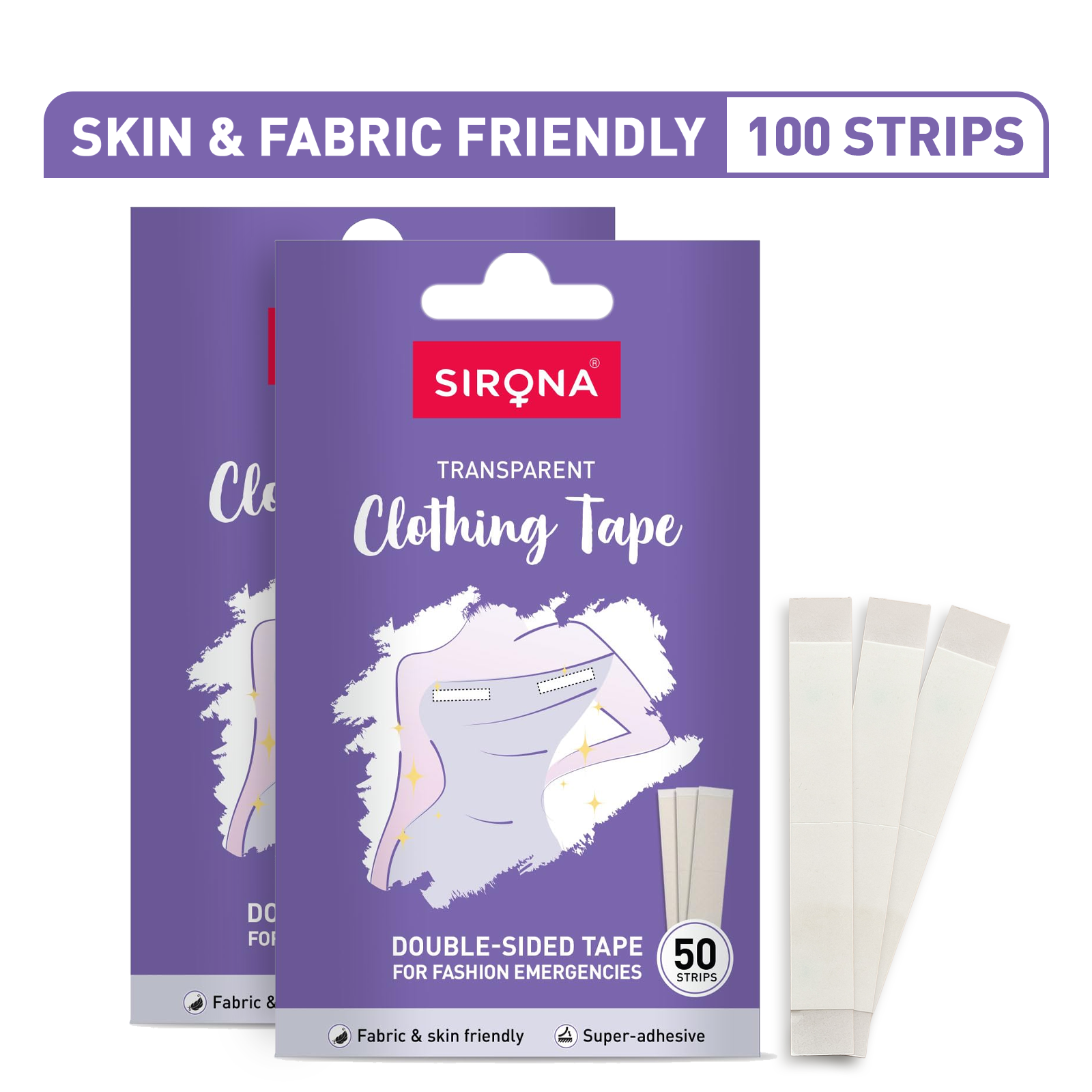 Sirona transparent clothing tape packaging with 100 strips on a white background