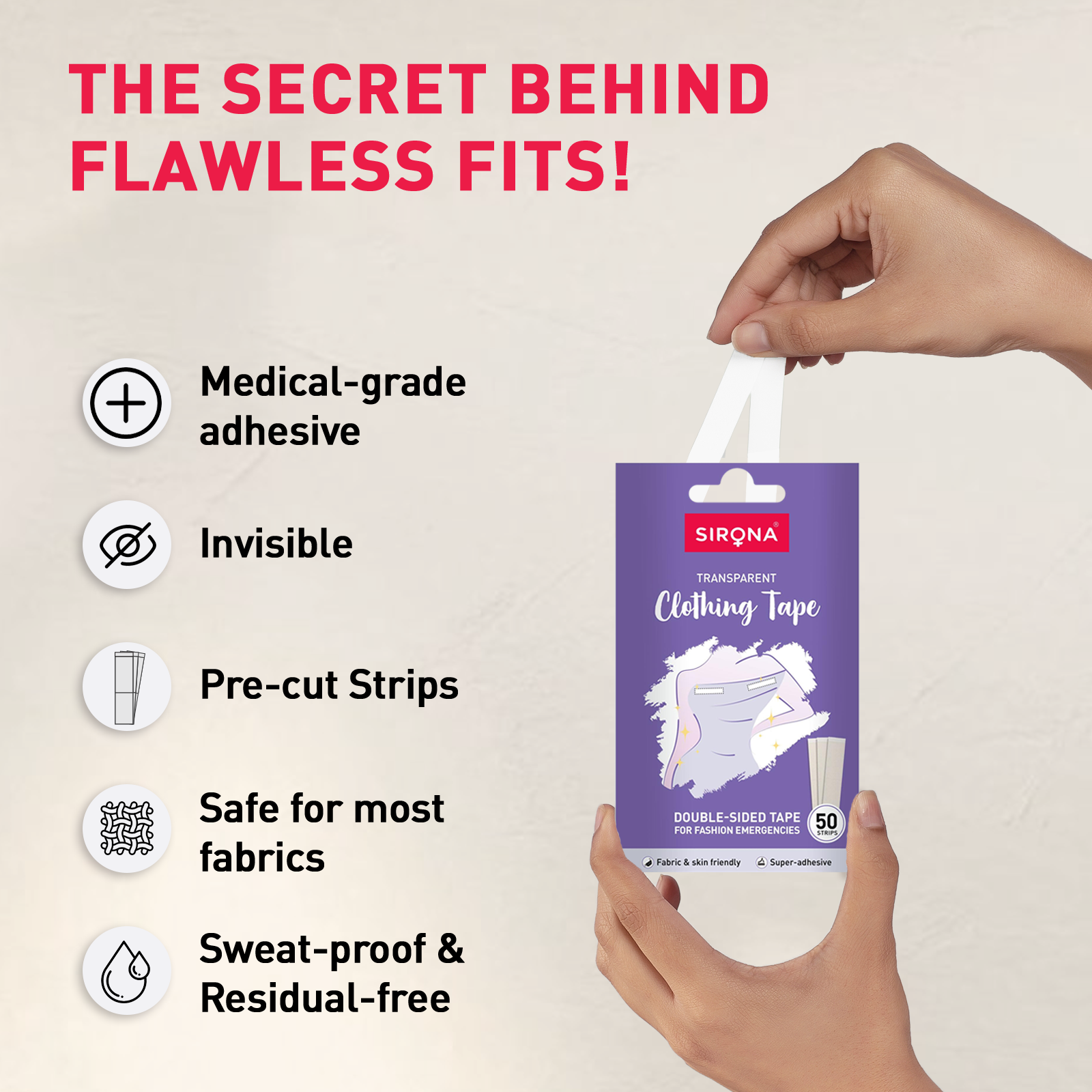 SIRONA sweatproof clothing tape packaging with features listed on a light beige background