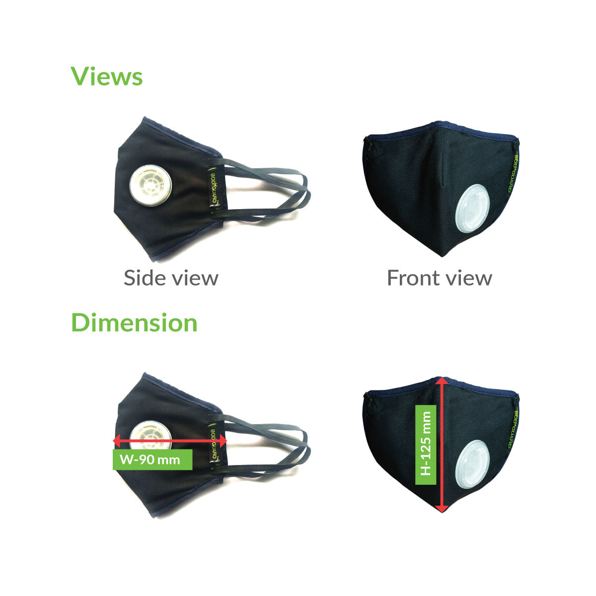 Black face mask with a valve shown from different angles and dimensions on a white background