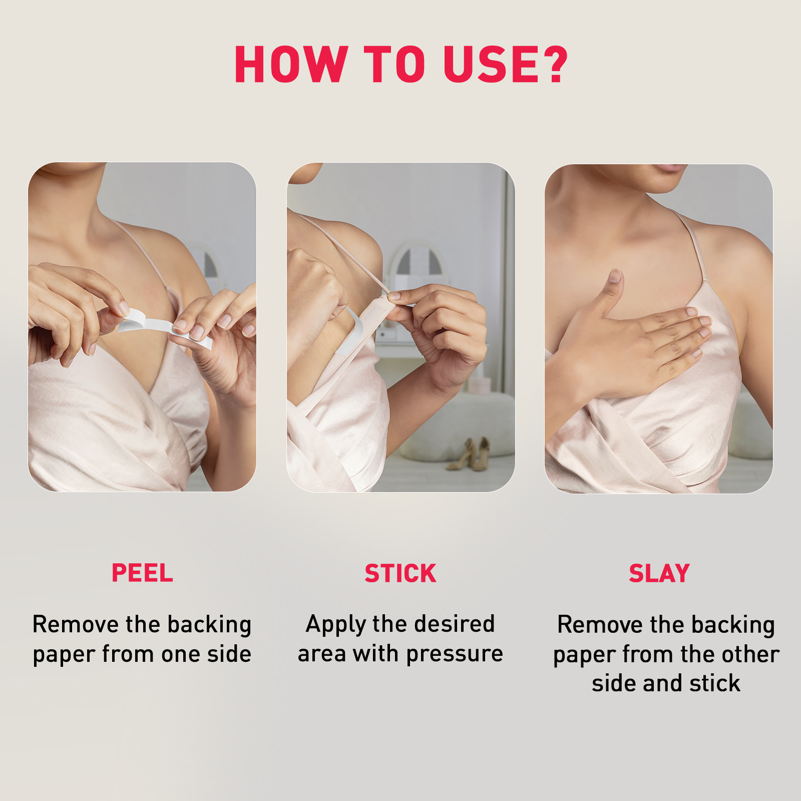 Instructions on how to use a adhesive product with images and text