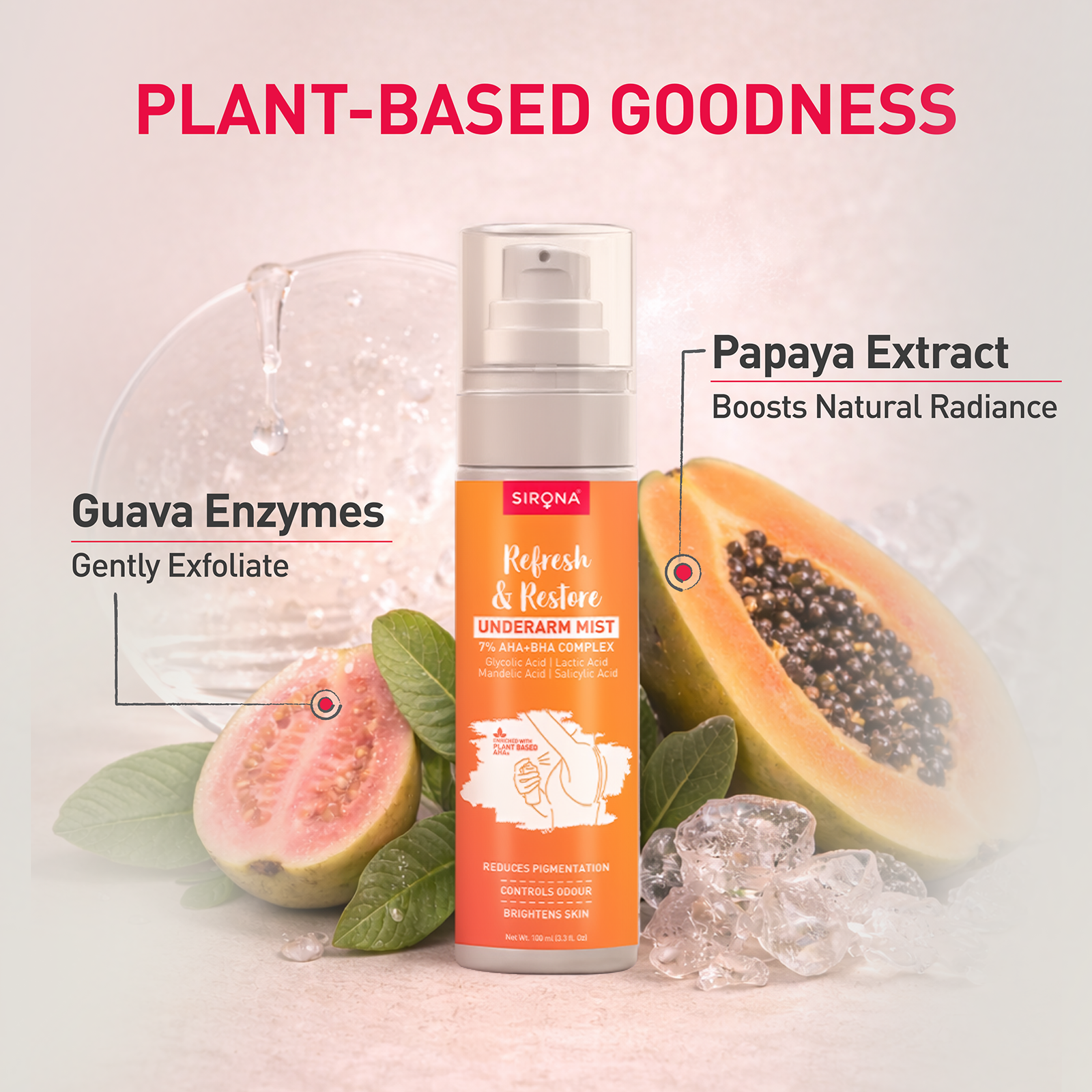 Sirona Refresh & Restore Underarm Mist with papaya and guava extracts on a light background