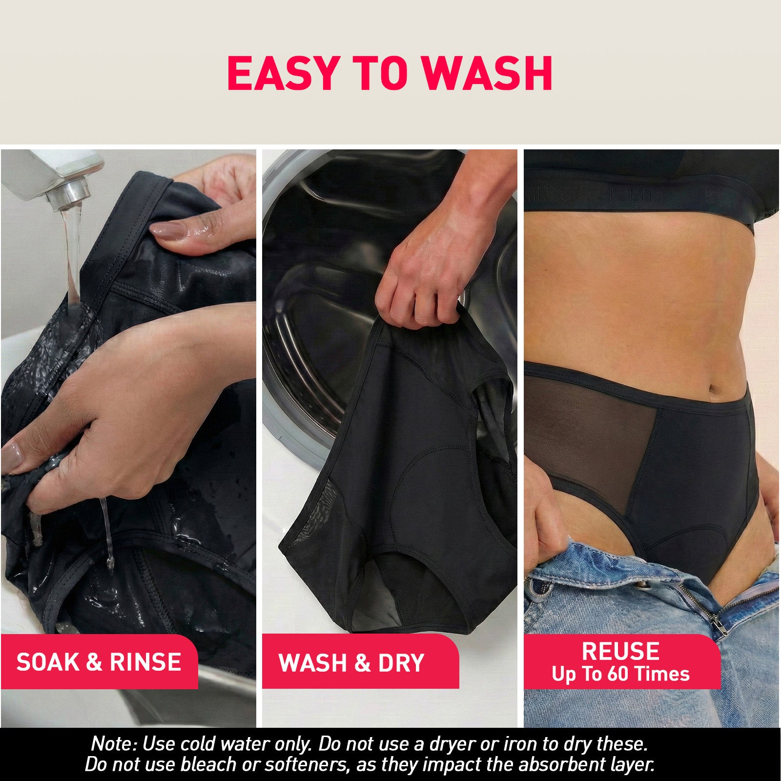 Steps to wash, dry, and reuse a black product with text indicating ease of washing