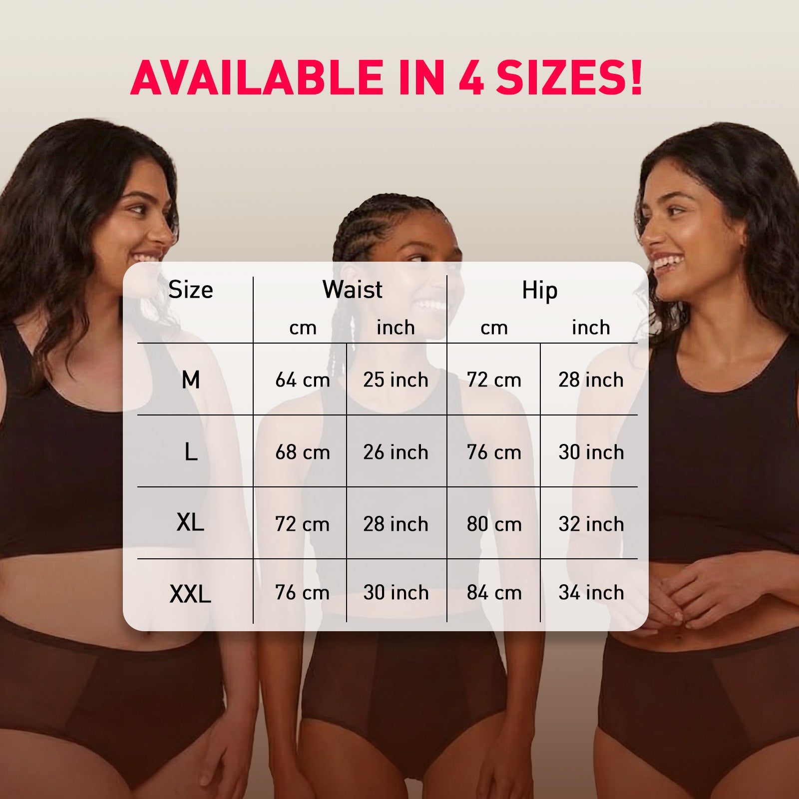 Three women wearing black athletic wear with a size chart overlay