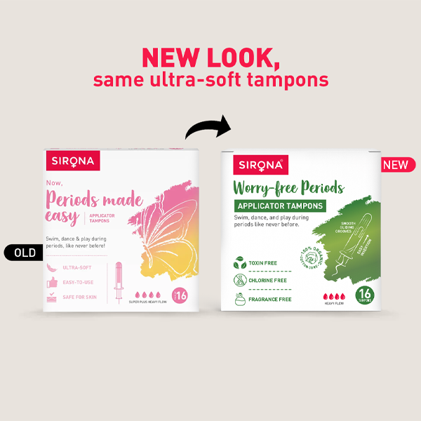 Comparison of Sirona tampon packaging with new and old designs