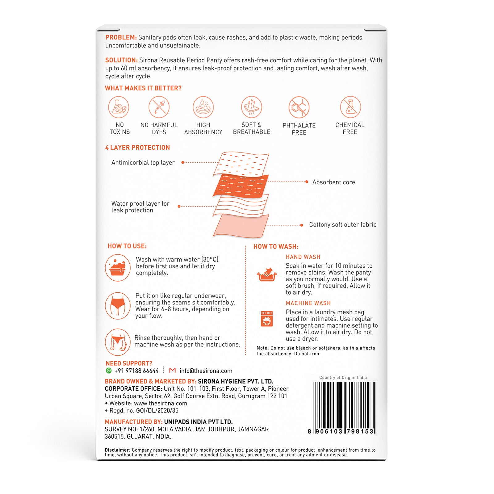 Back of a sanitary pad packaging with text and illustrations