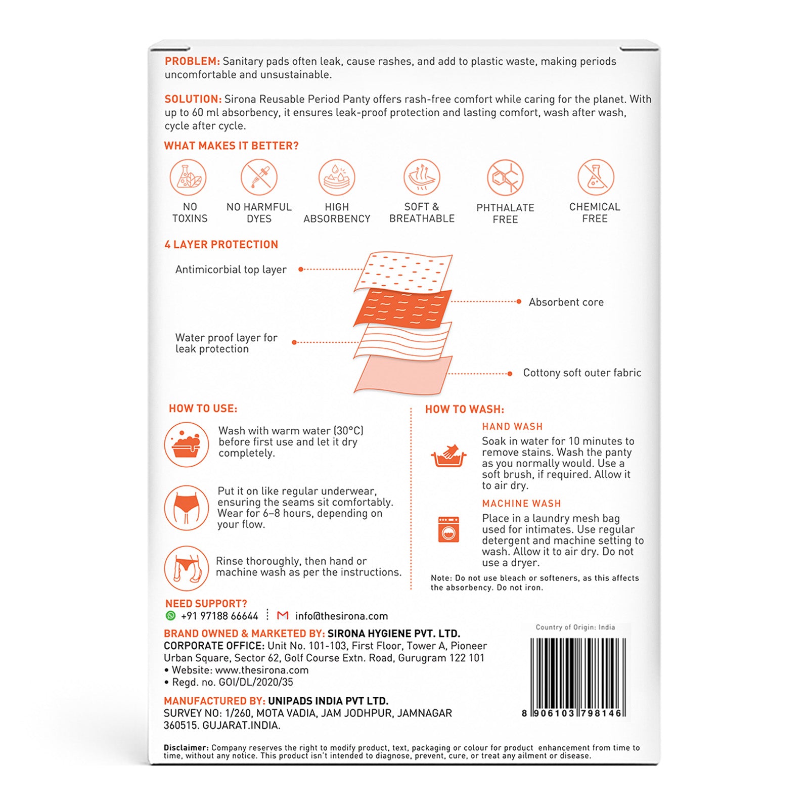 Back of a sanitary pad packaging with text and illustrations on a white background