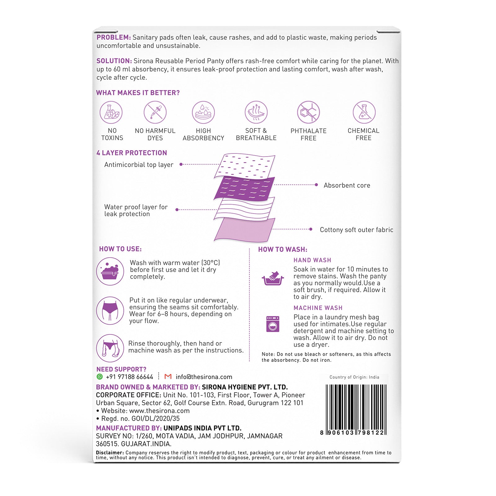 Back of a sanitary pad packaging with text and illustrations on a white background