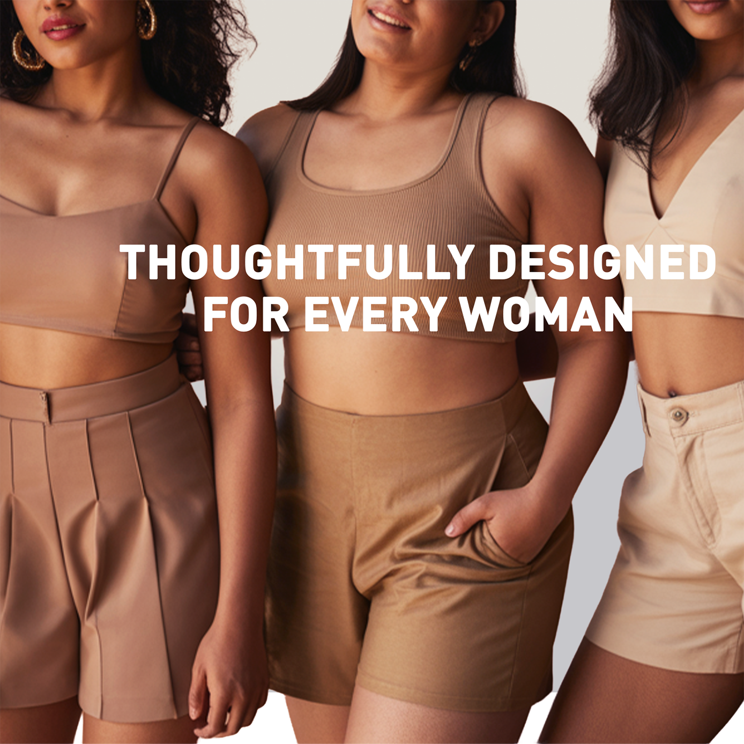 Three women wearing beige and brown outfits with text &