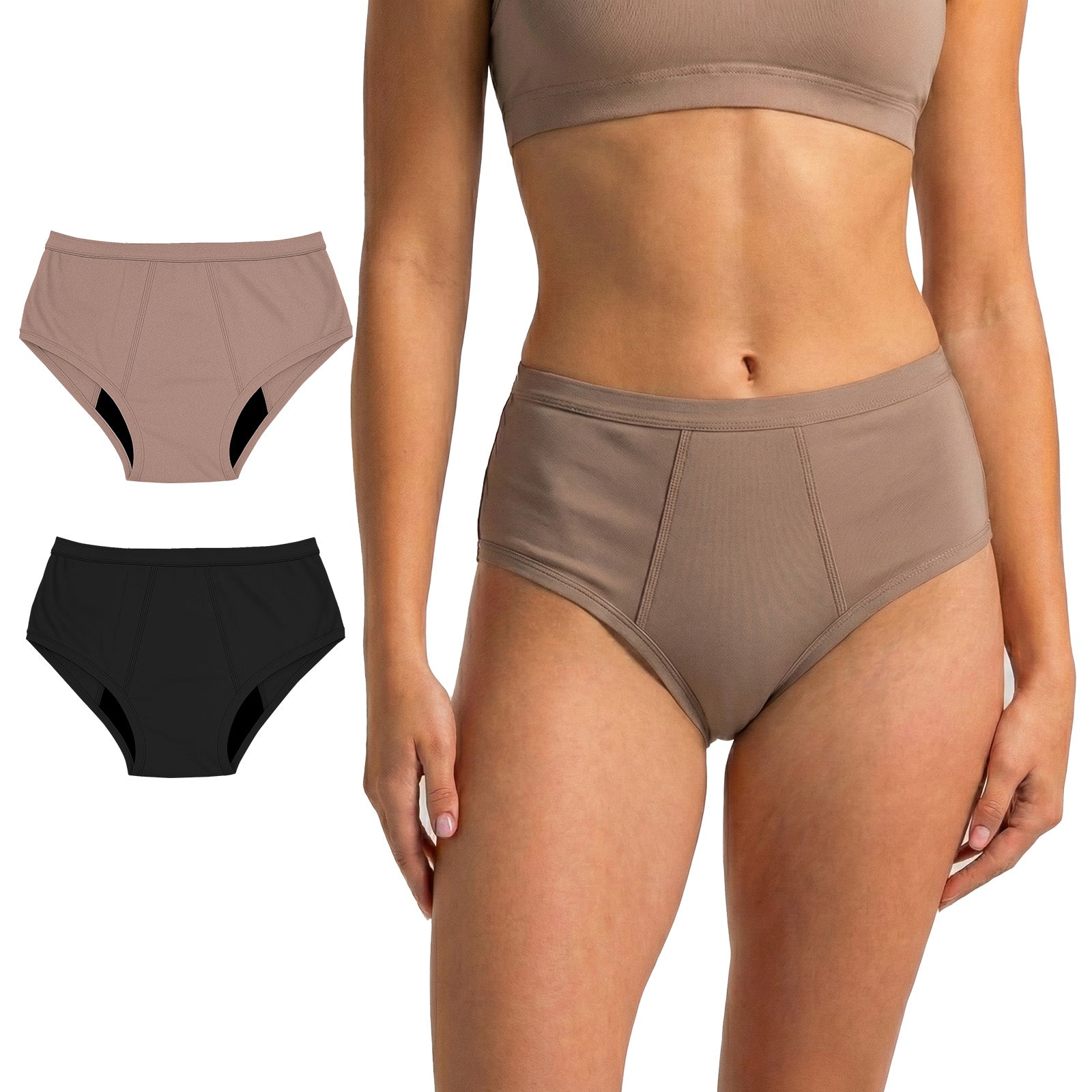 Woman wearing high-waist period underwear with inset images showing color options