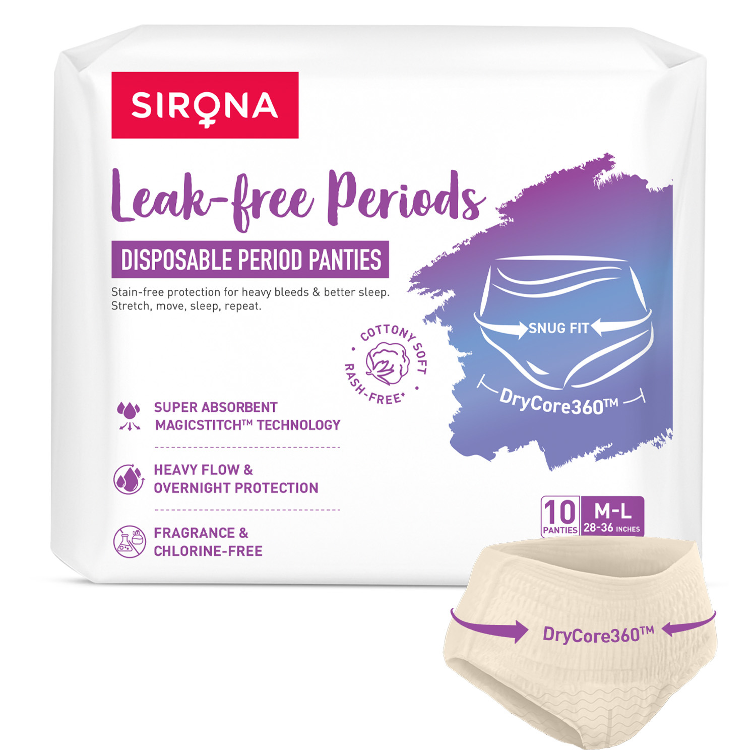 Sirona leak-free periods disposable period panties packaging with a small sample panties displayed