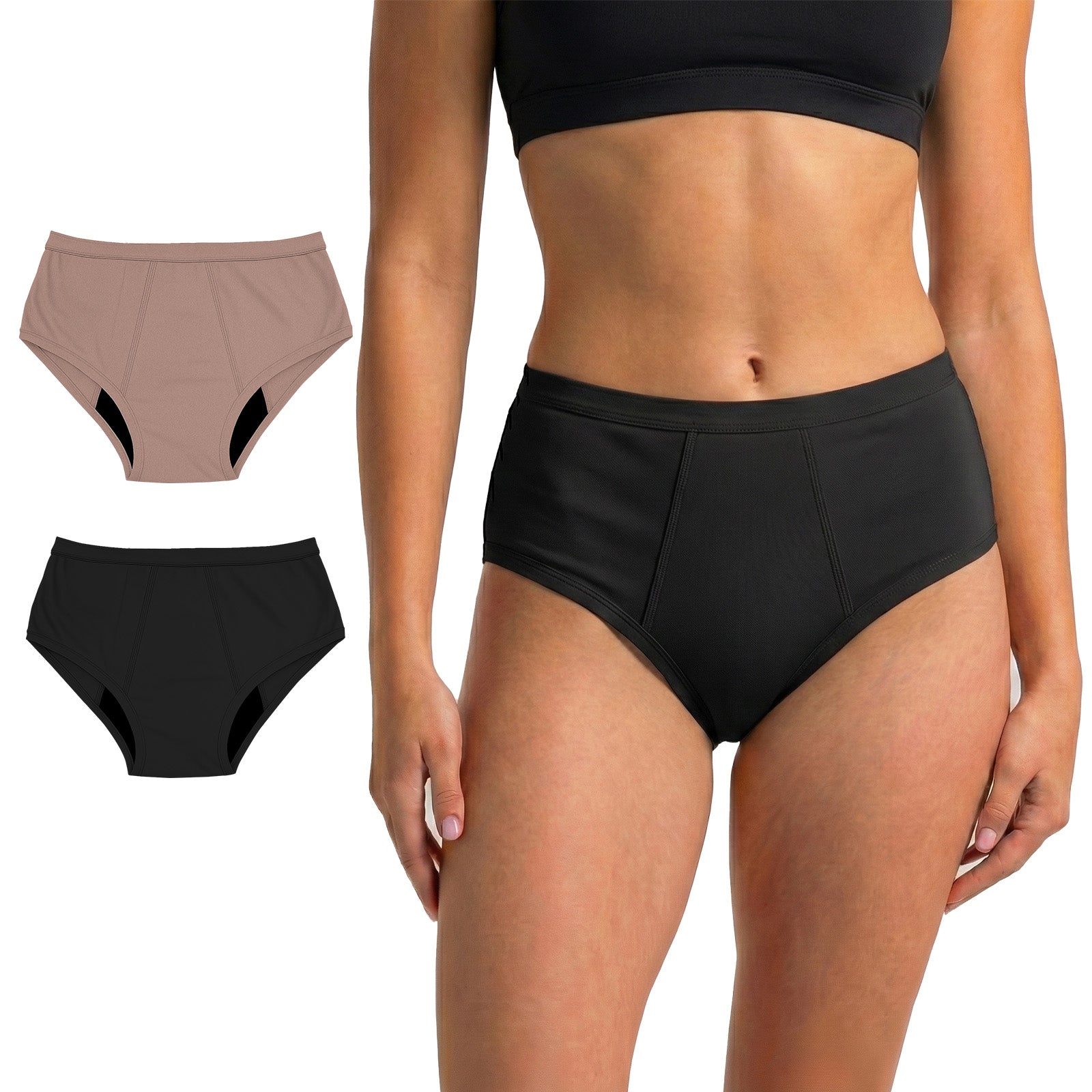 Women wearing black high-waisted underwear with inset images of beige and black underwear