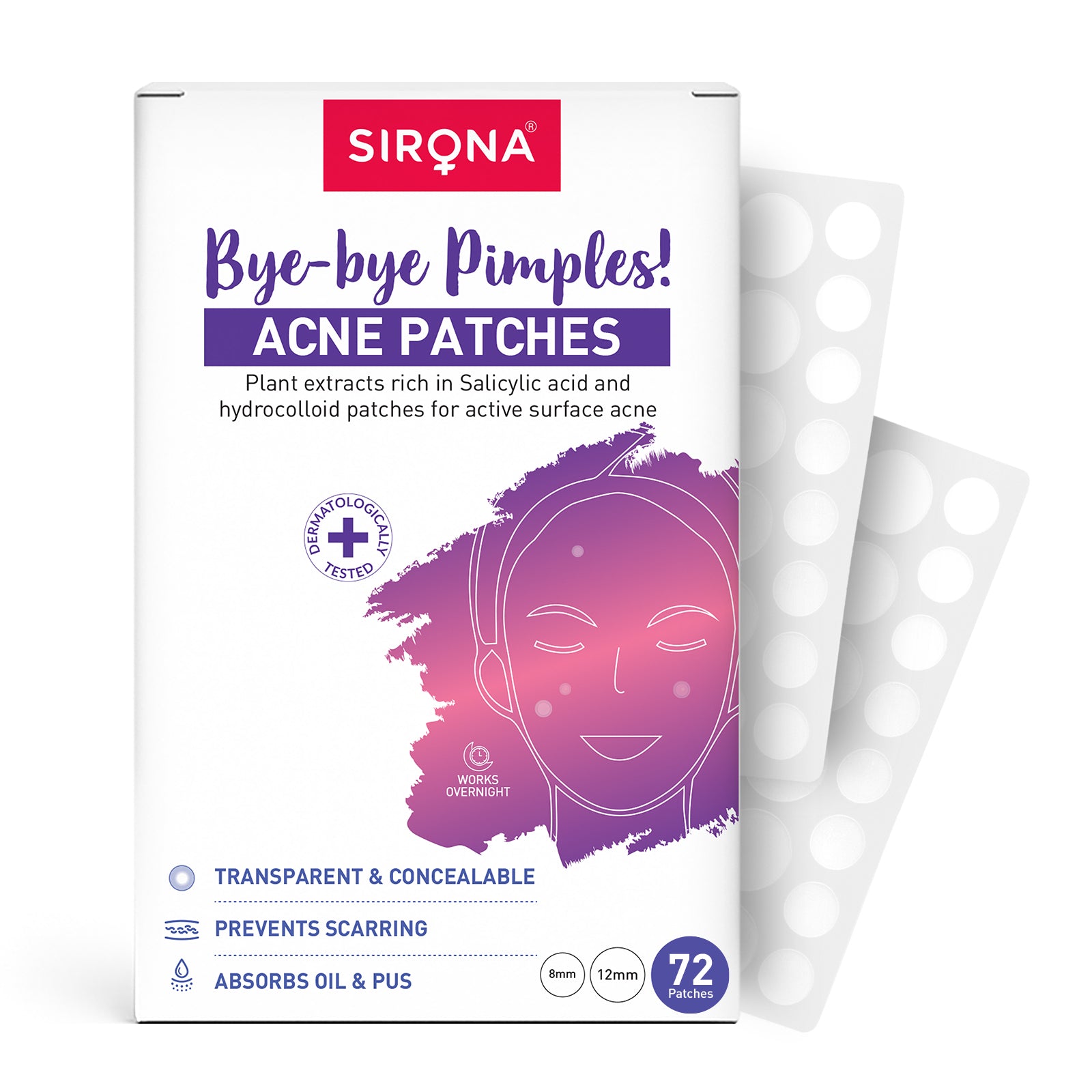 Sirona acne patches packaging with a purple and white design
