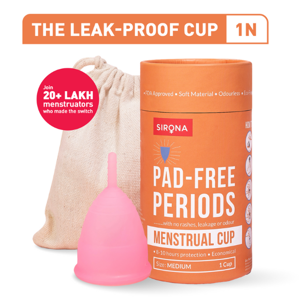 Pink menstrual cup with Sirona packaging on a white background
