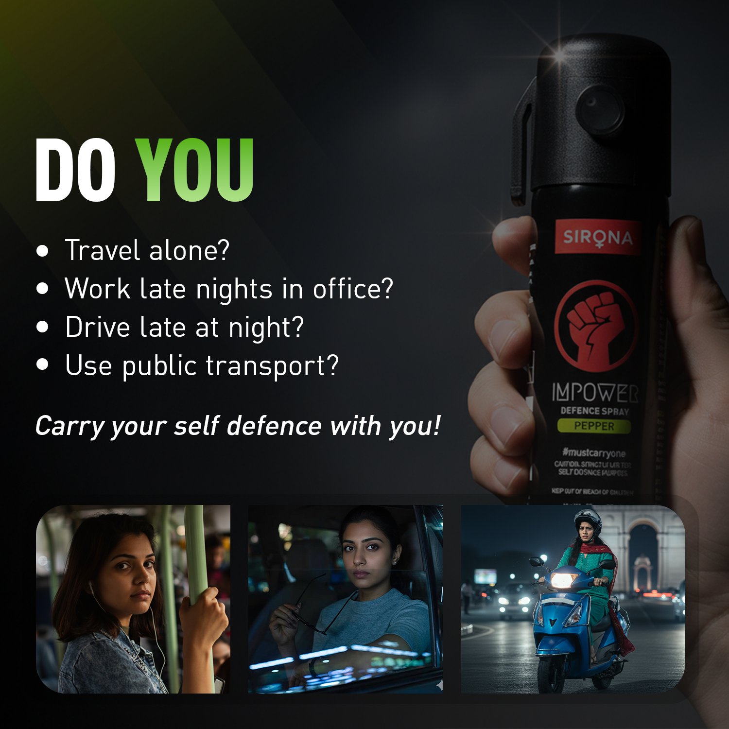 Sirona Impower Pepper Spray being held with text about self-defense situations