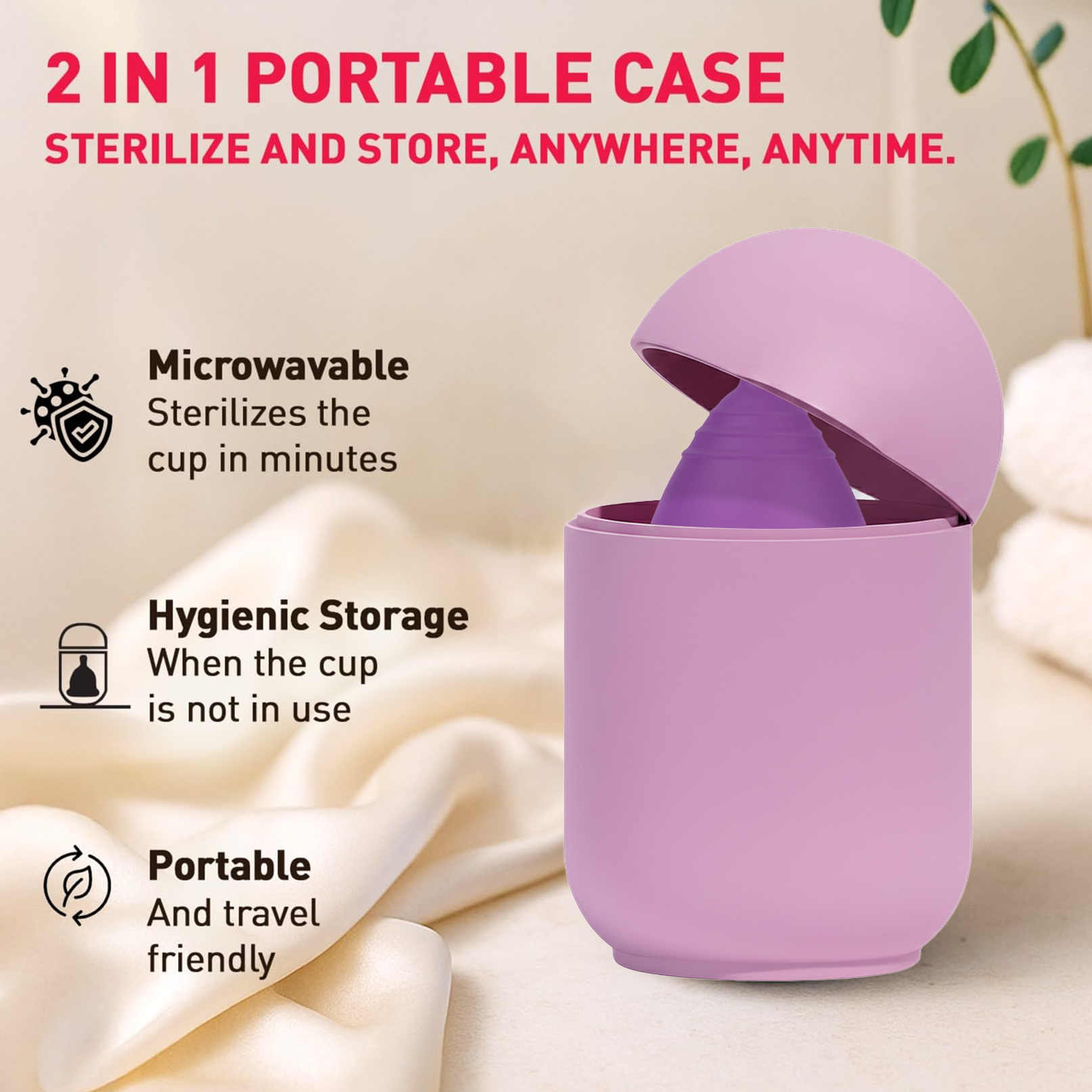 Purple 2-in-1 portable case with a cup inside