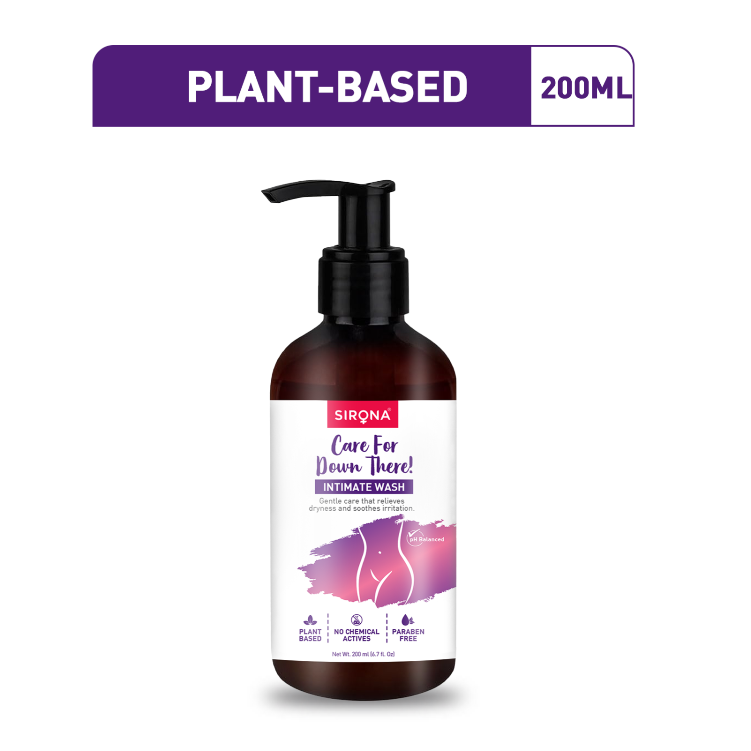 Sirona intimate wash bottle with plant-based label on a white background