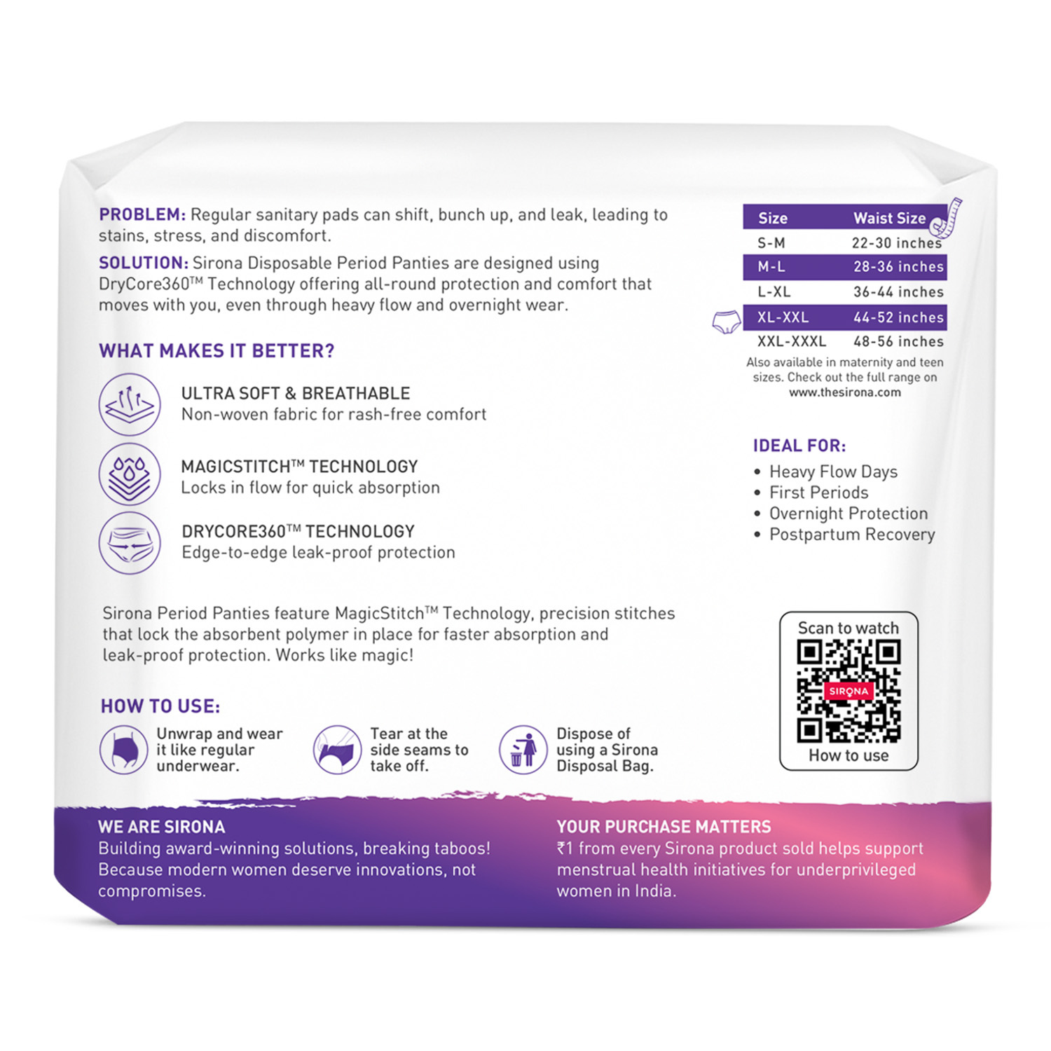 Sirona disposable period panties packaging with product details and QR code on a white background