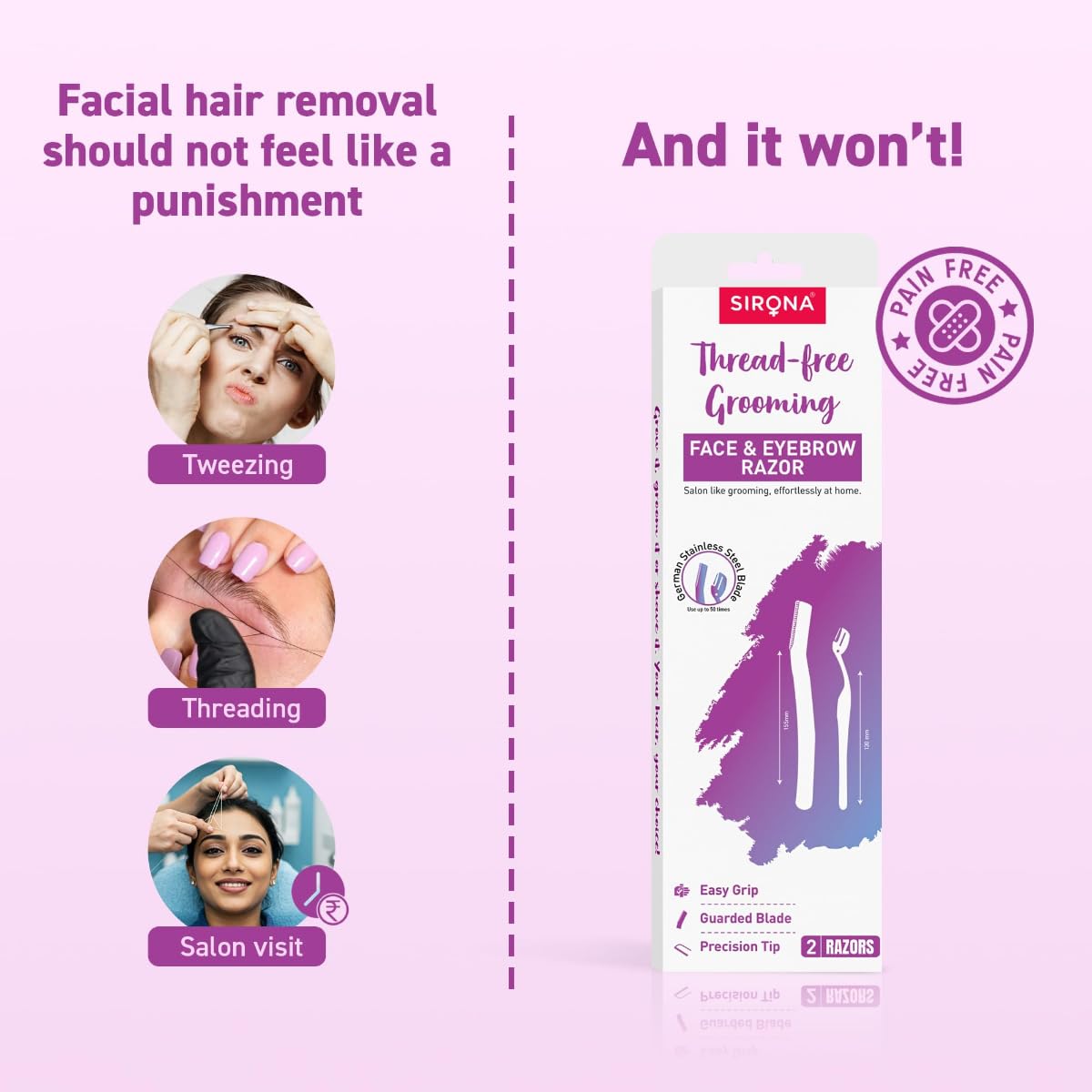 Advertisement for a thread-free grooming product with text and images of facial hair removal methods