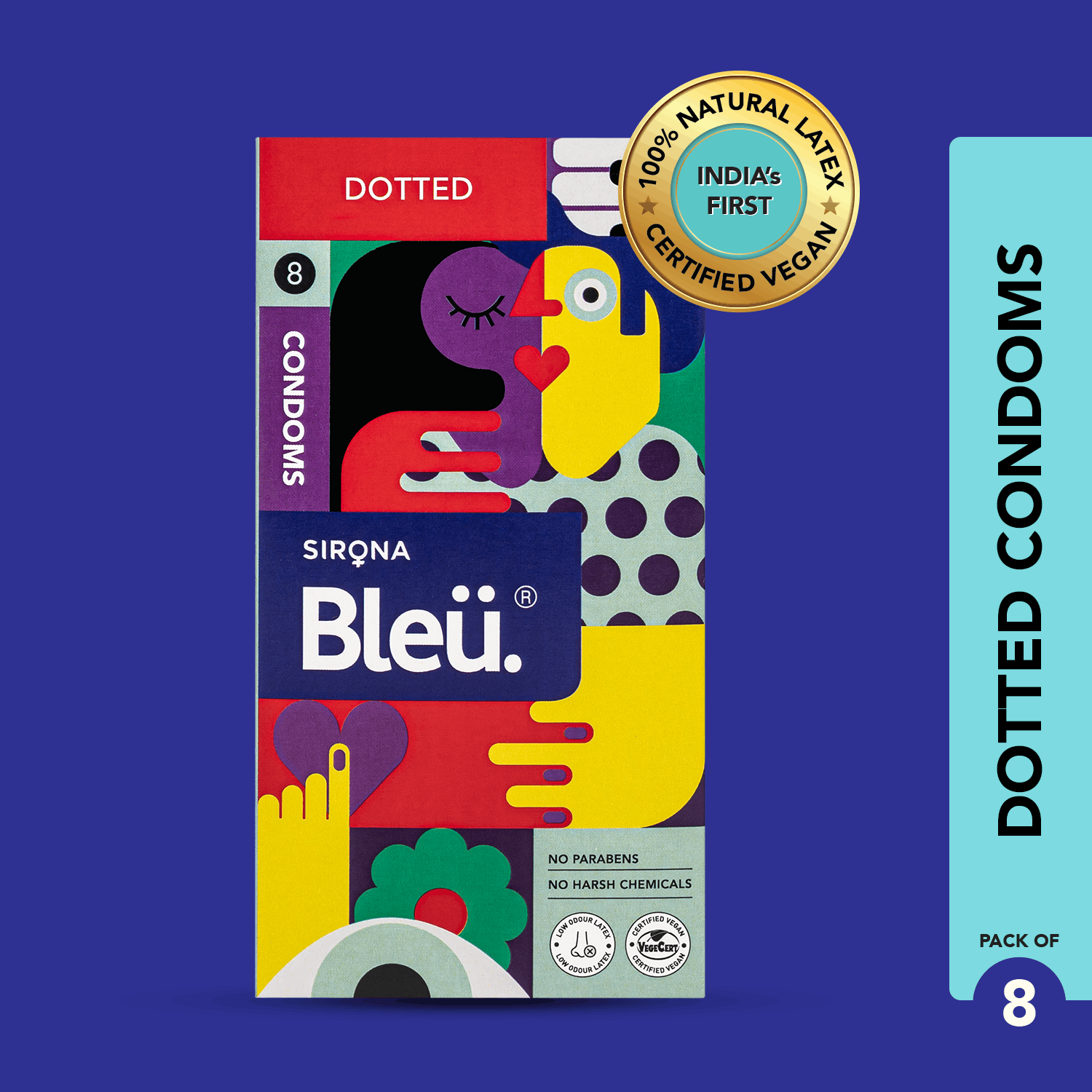 Dotted Condoms (Pack of 8) | 100% Natural Latex for Extra Sensitive Skin, Toxin Free & Vegan Condoms, Reduced Itch and Irritation