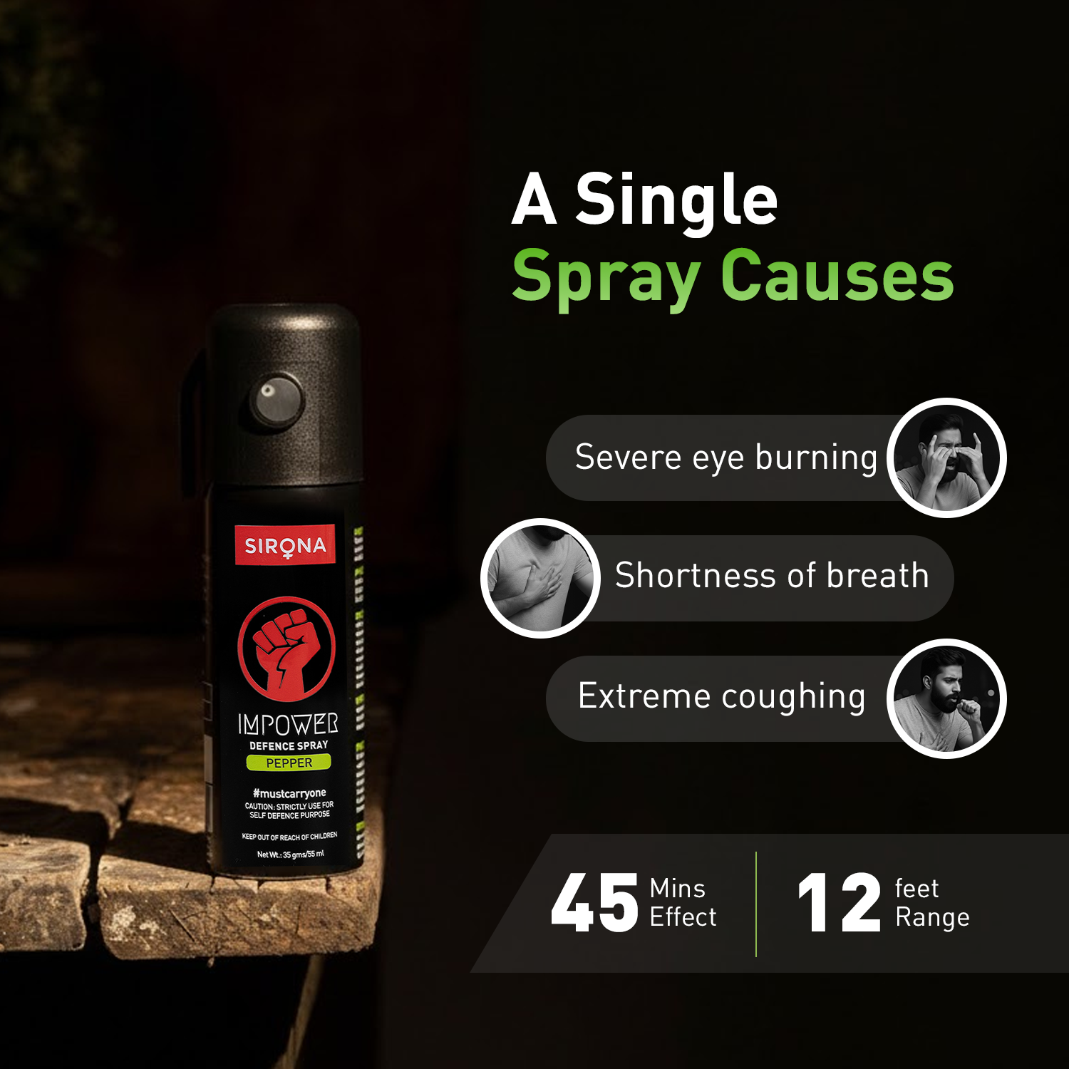 Sirona Impower defence spray with side effects and product details on a dark background