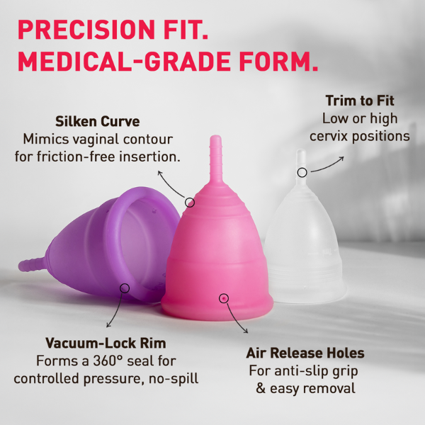Pink menstrual cup with features highlighted on a gray background