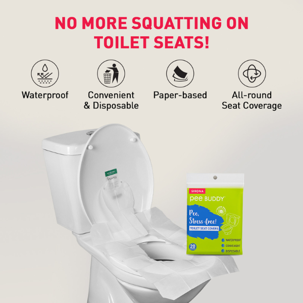 Toilet with a seat cover and packaging of Pee Buddy products on a white background