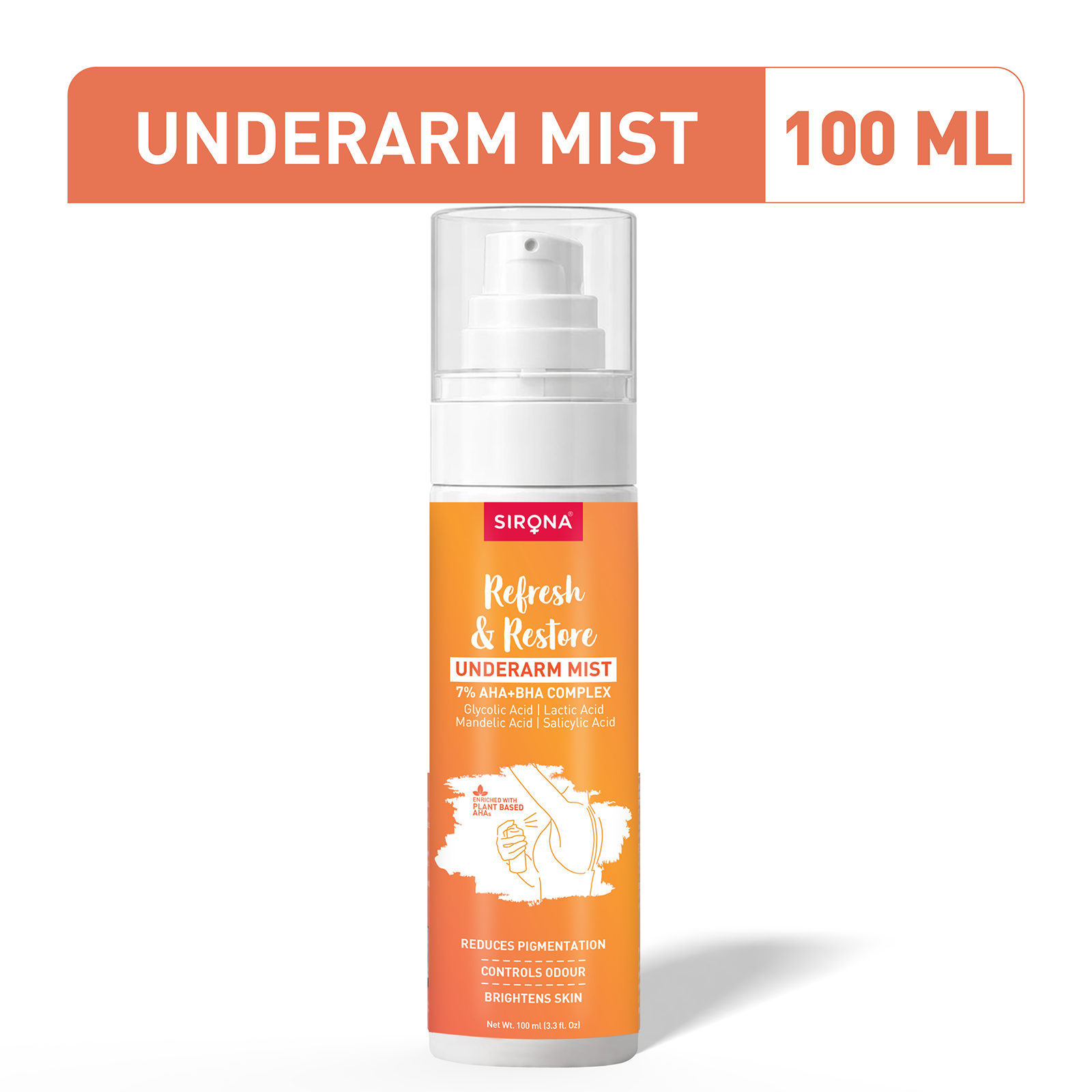 Sirona underarm mist bottle with orange label on a white background