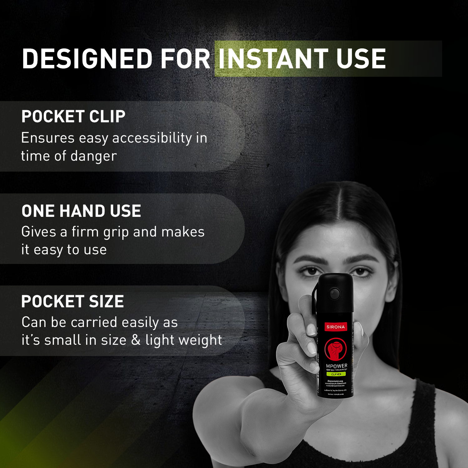 Person holding a spray can with features highlighted on a dark background