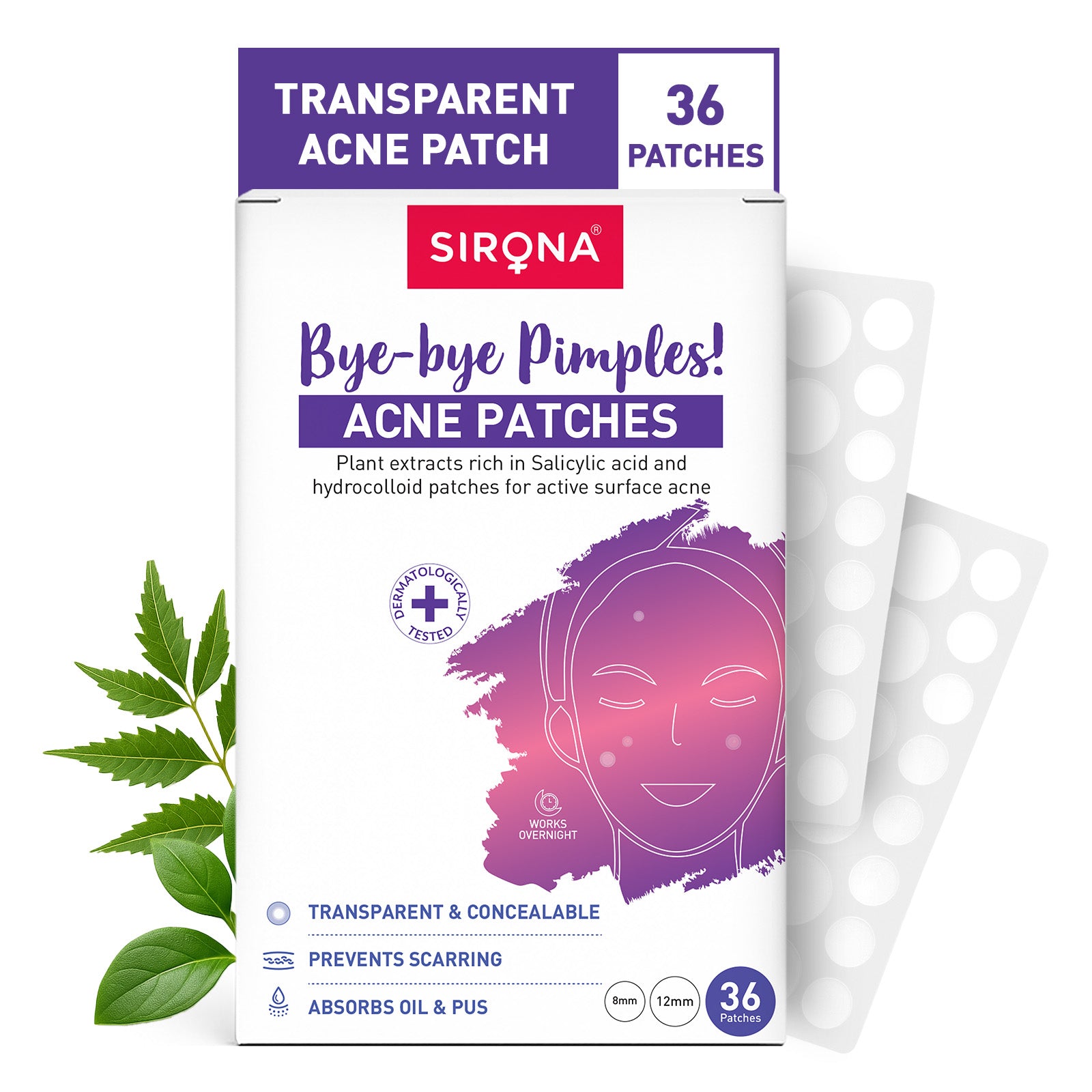 Sirona acne patches packaging with a leaf