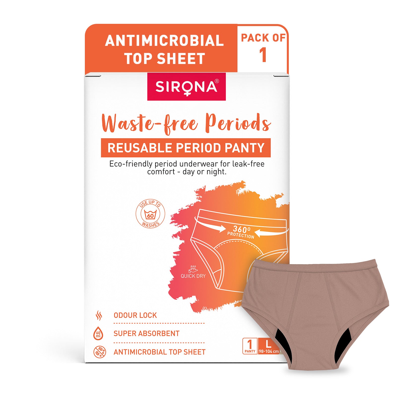 Reusable period panty packaging with Sirona branding on a white background