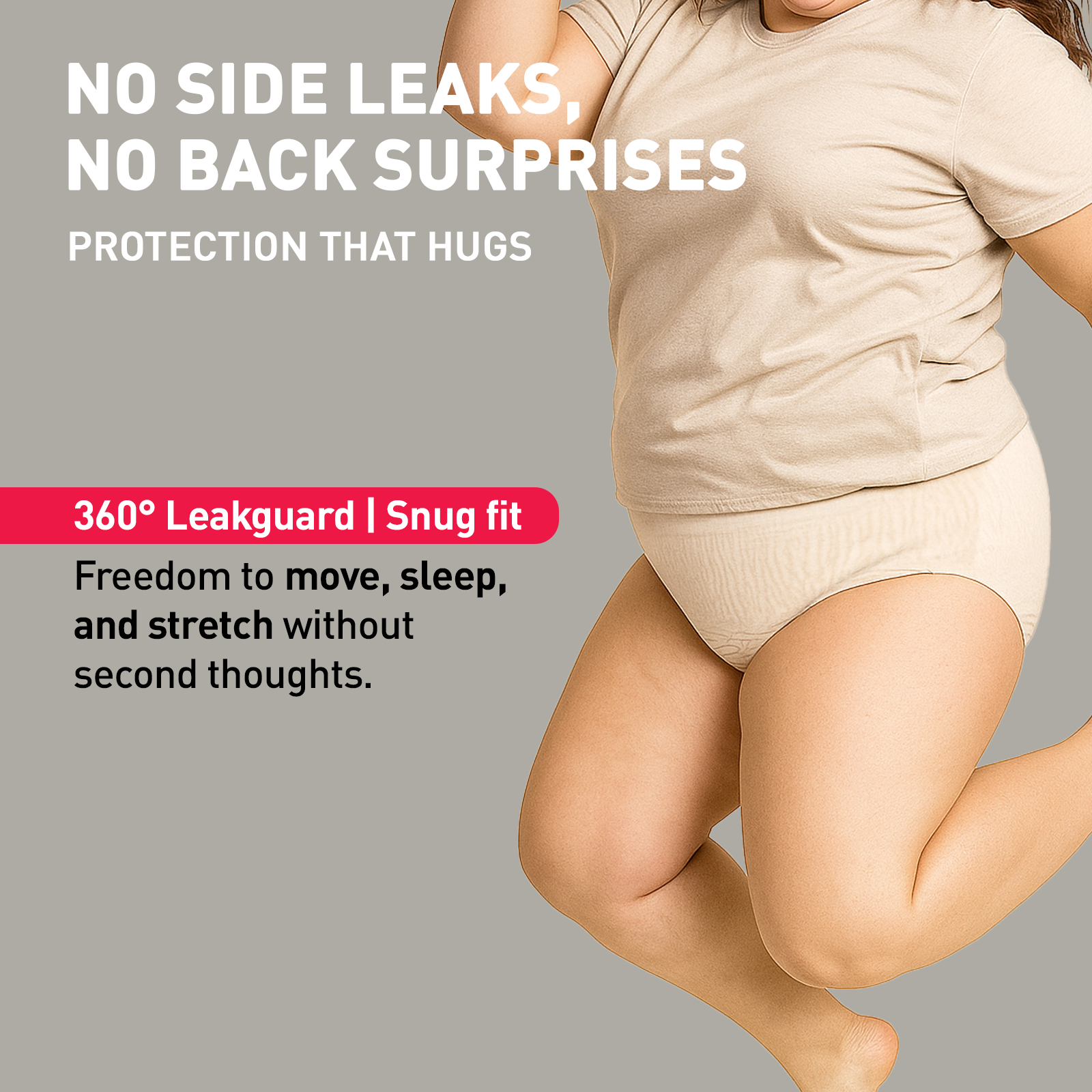 Person wearing beige underwear with text highlighting product features