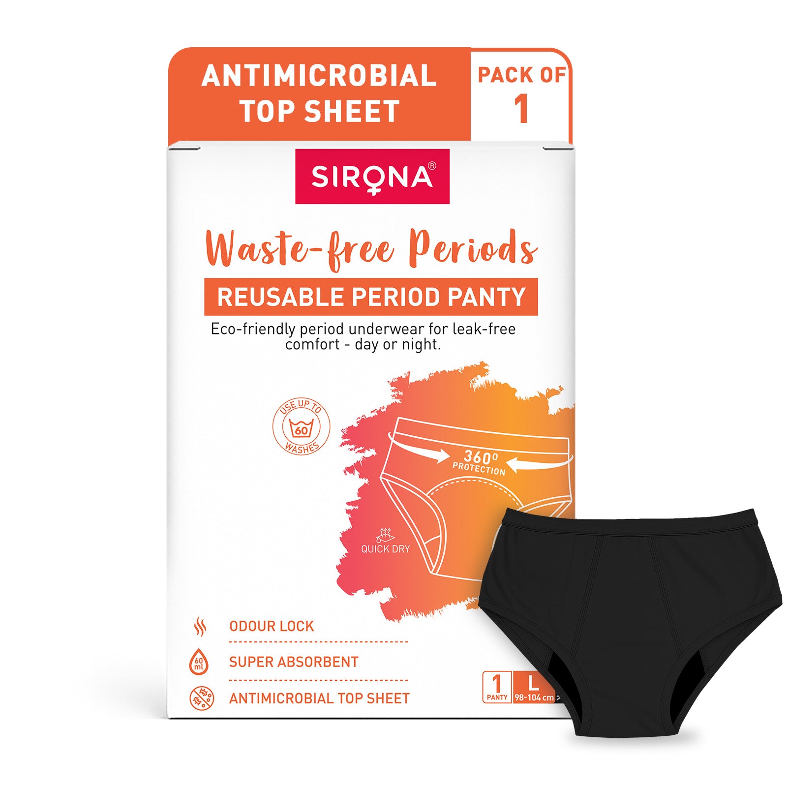 Reusable period panty packaging with Sirona branding on a white background