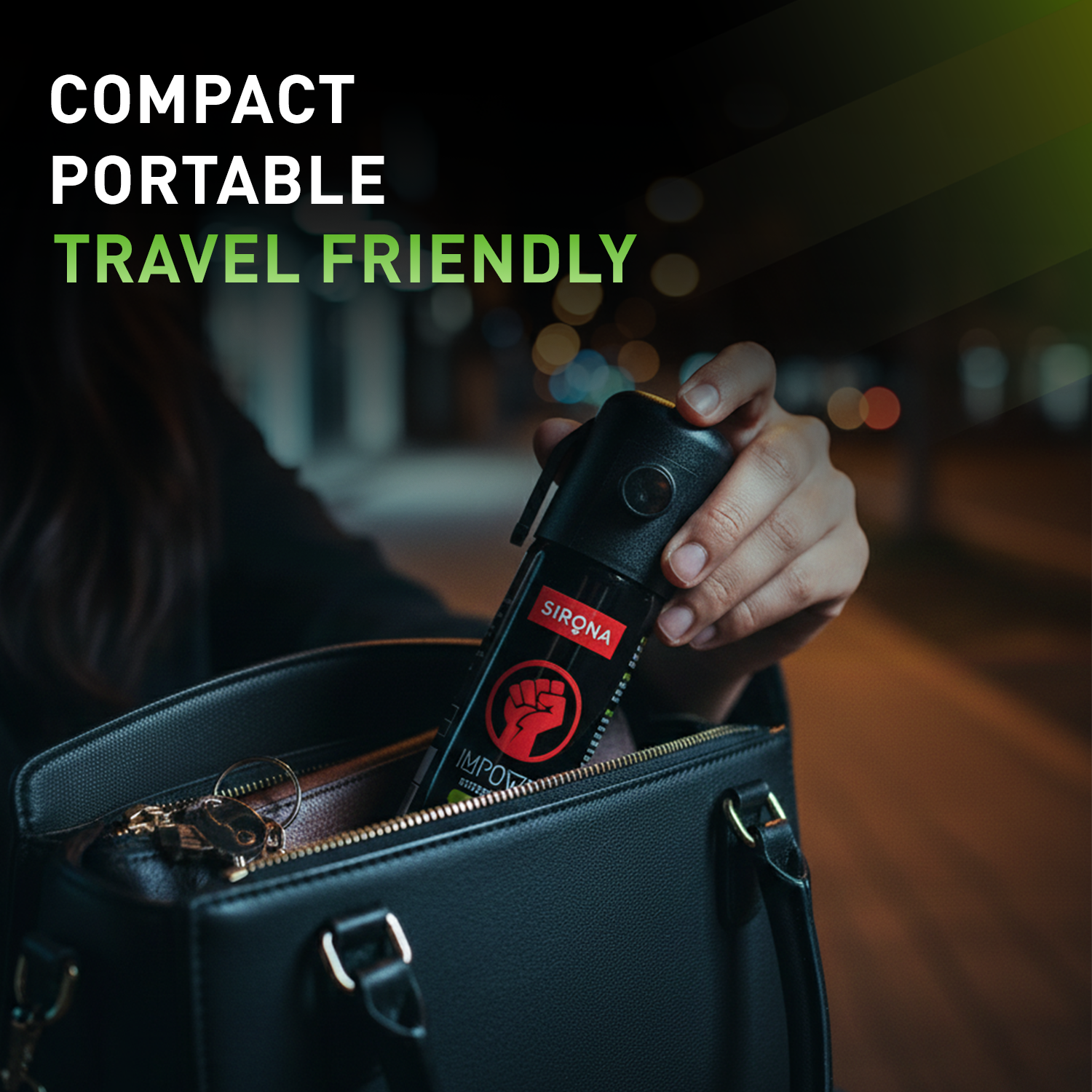 Hand holding a compact travel-friendly device with Sirona branding, against a blurred background