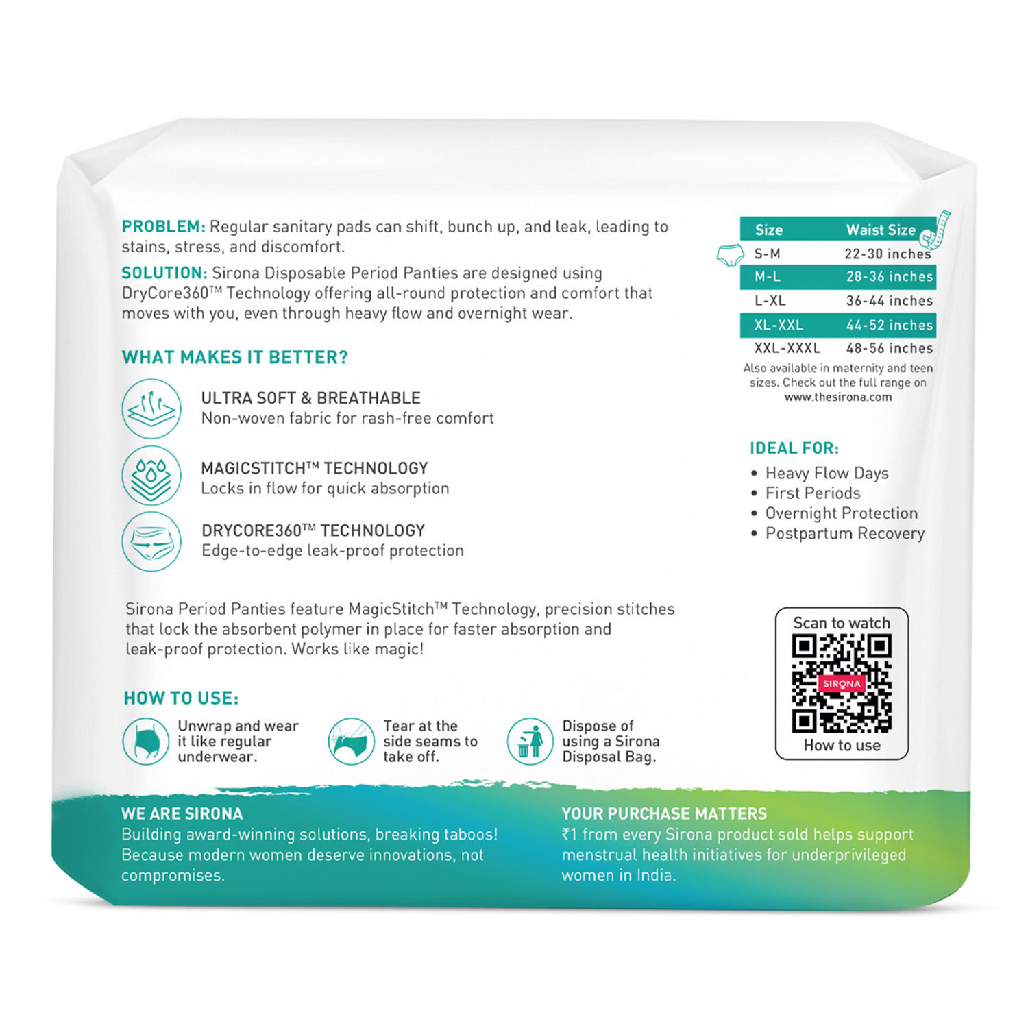 Sirona disposable period panties packaging with product details and features