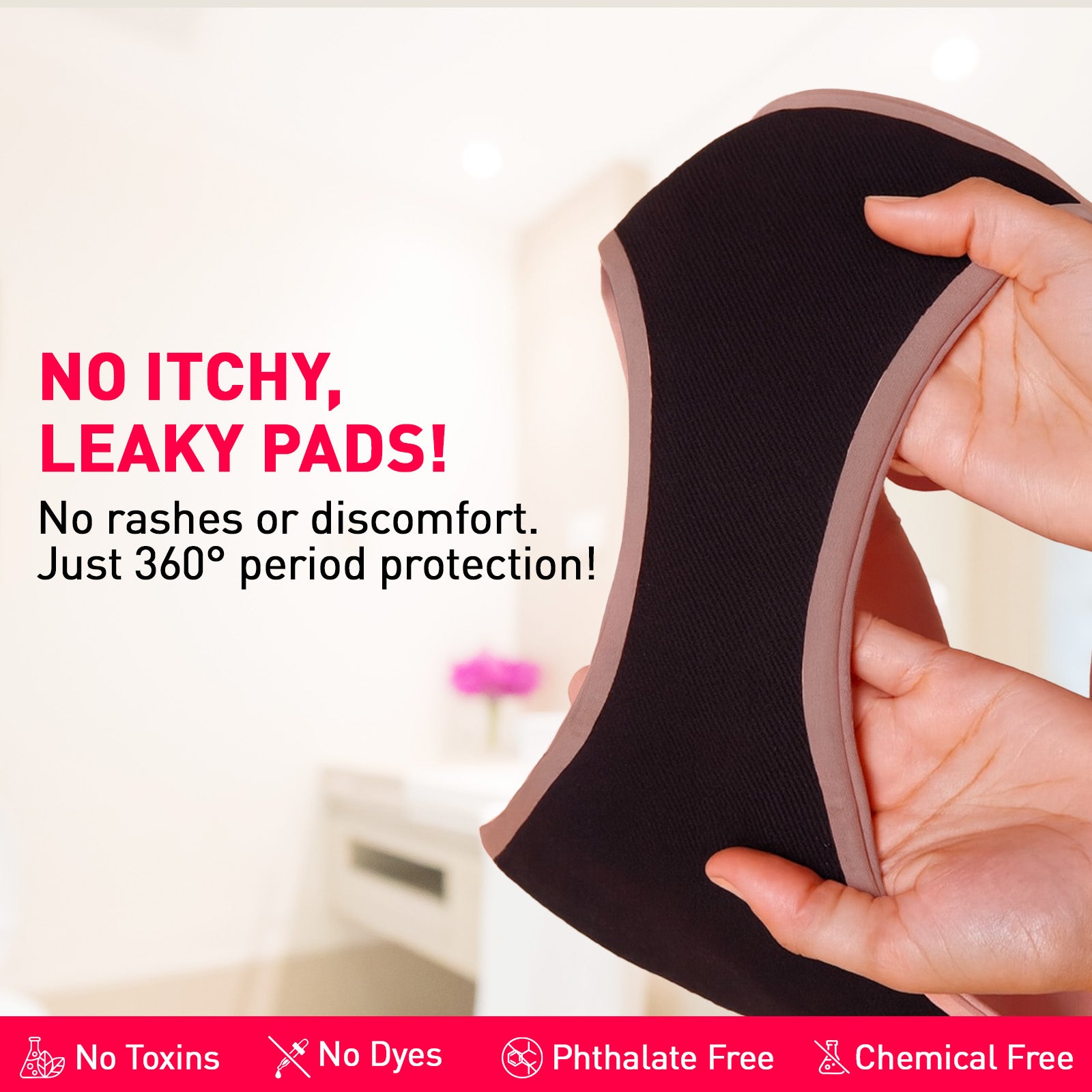 Person holding a period product with text about comfort and protection on a white background