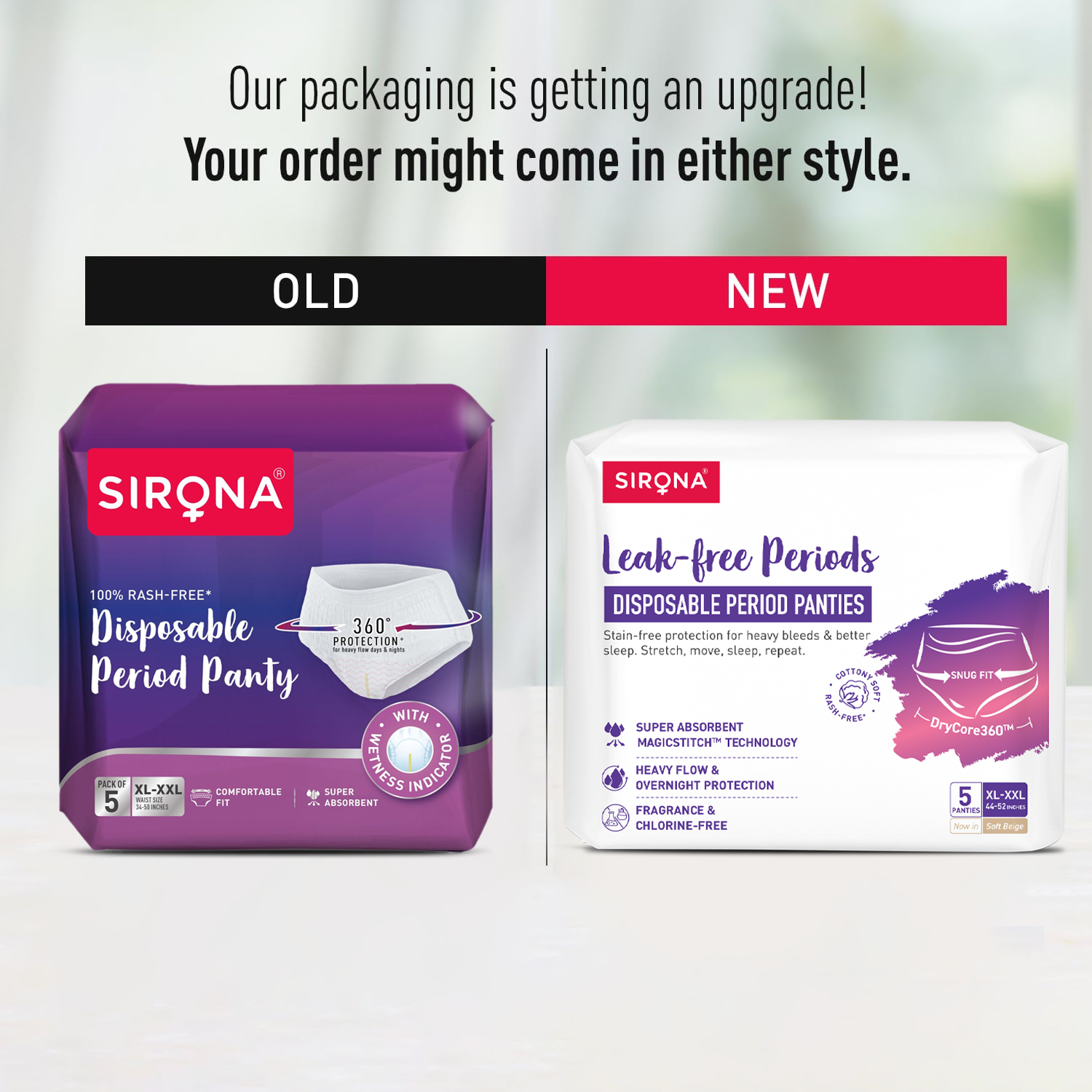 Comparison of Sirona disposable period panty packaging, old and new styles