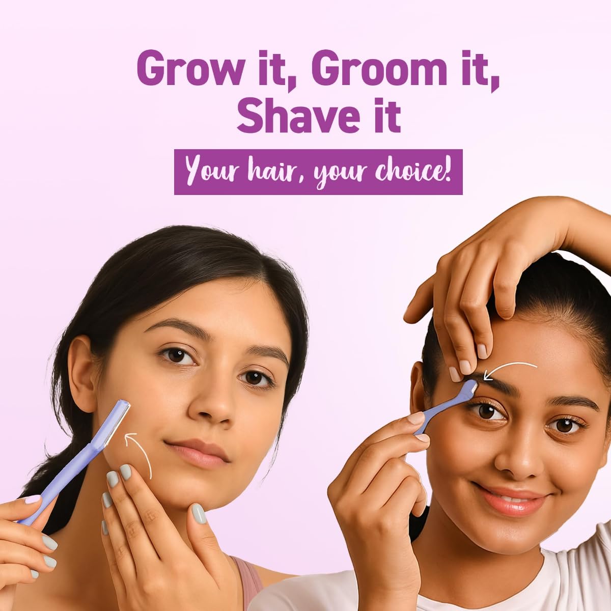 Two women using razors on their faces with text about hair grooming choices