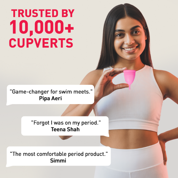 Woman holding a menstrual cup with customer testimonials on a light gray background