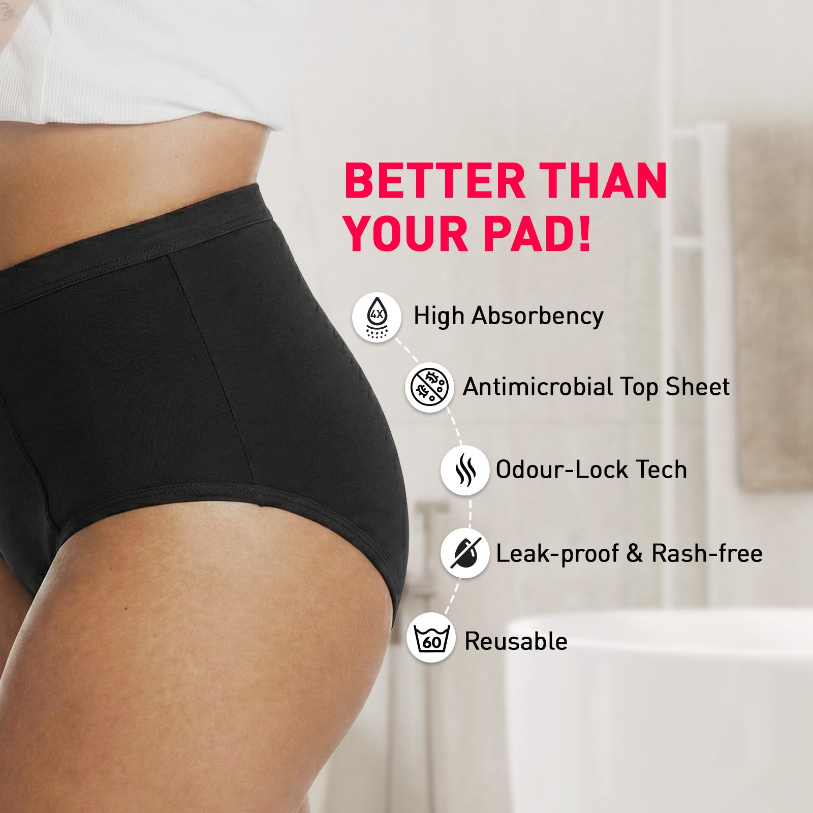Person wearing black underwear with product features listed on a blurred background