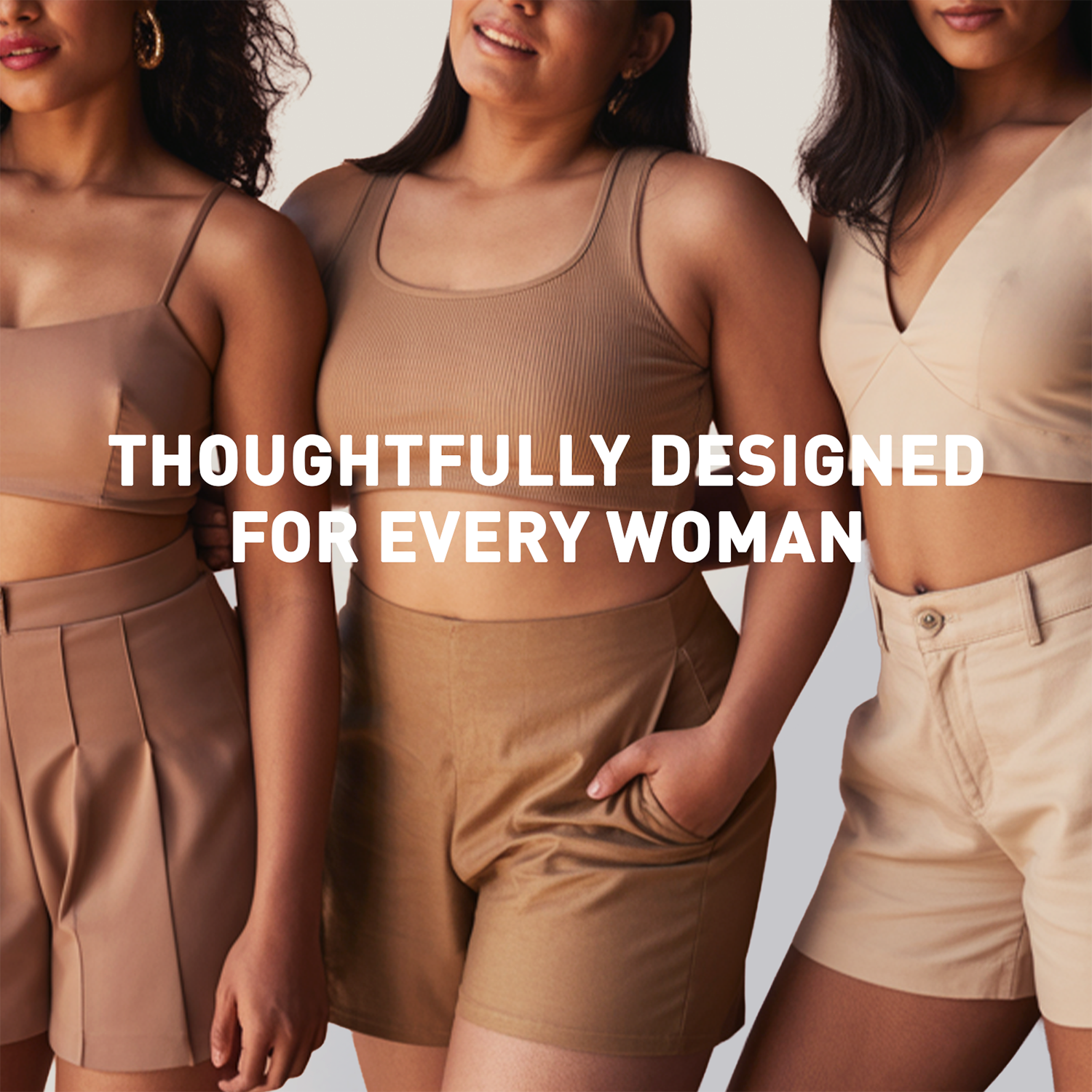 Three women wearing matching outfits with text &
