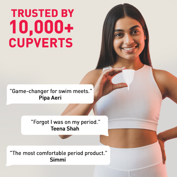 Woman holding a period product with customer testimonials