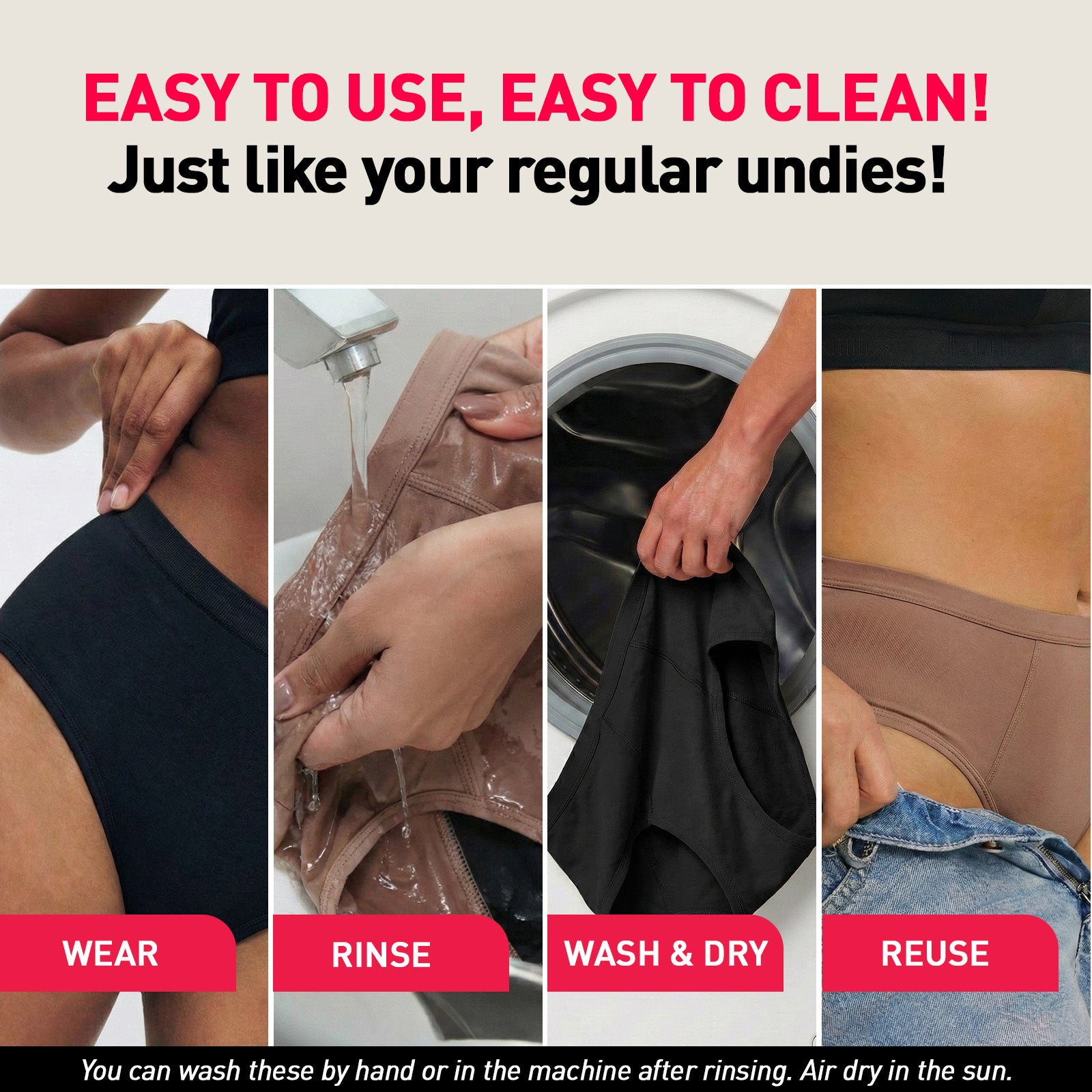 Step-by-step guide on how to use, rinse, wash, dry, and reuse a product