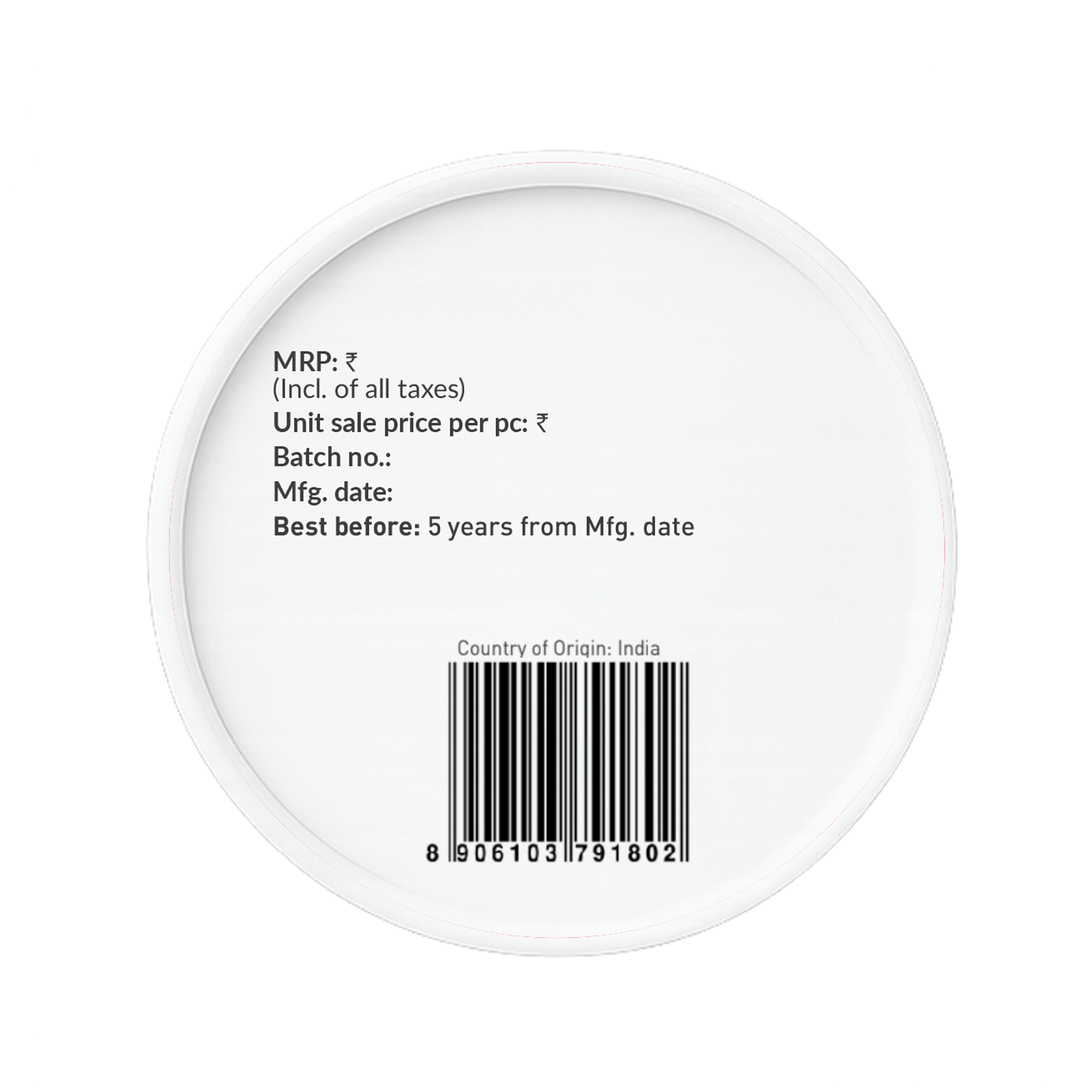 Round white label with text and a barcode