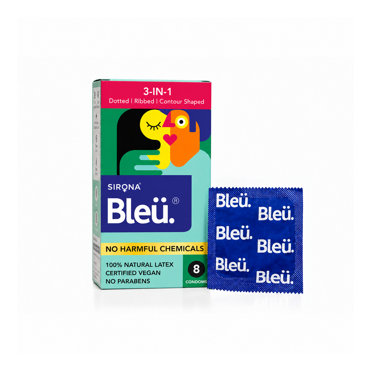 Bleu 3 in 1 Vegan Condoms – Dotted, Ribbed & Contoured, Chemical-Free (1 Pack of 8)