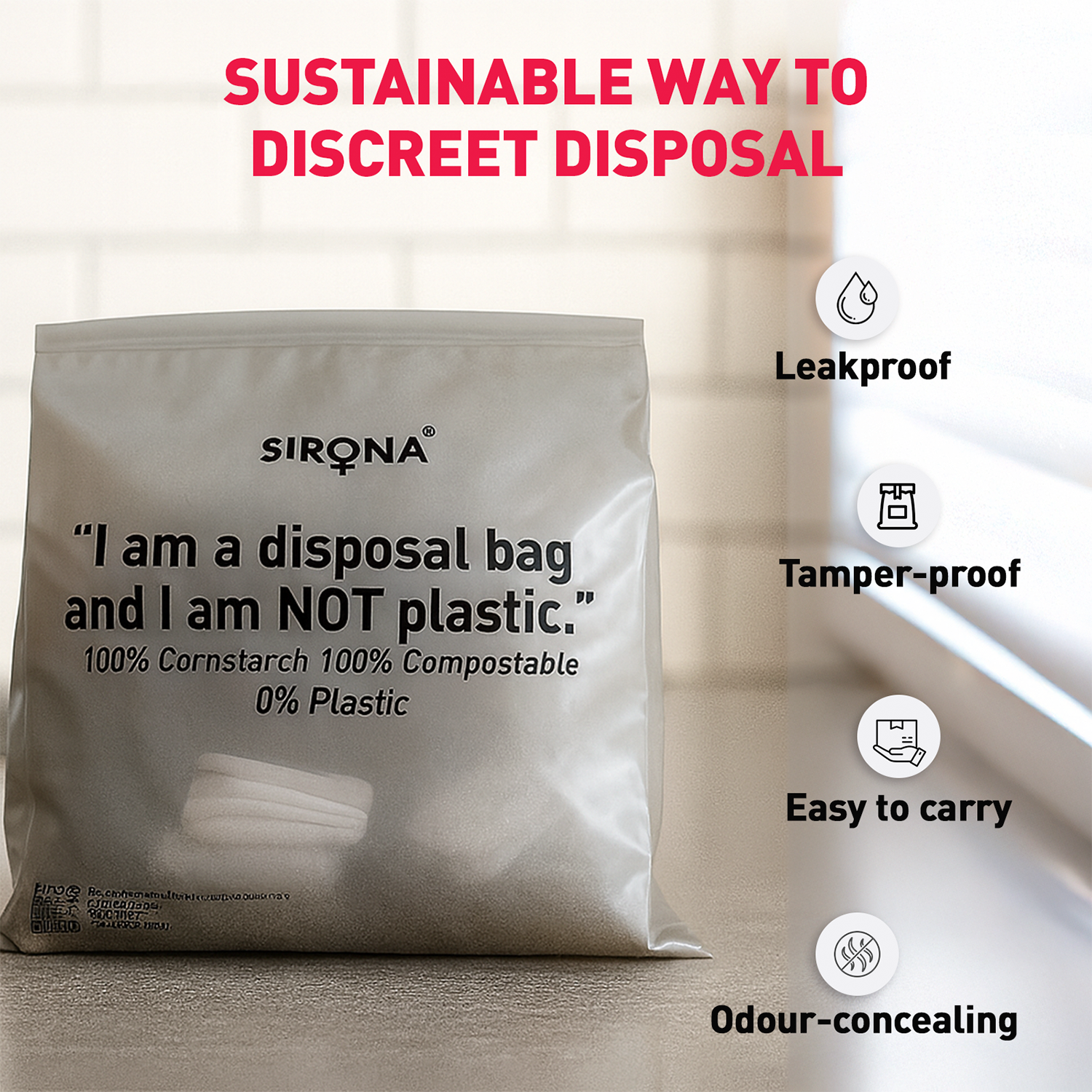 Sirona disposable bag with text about sustainability and features on a white background