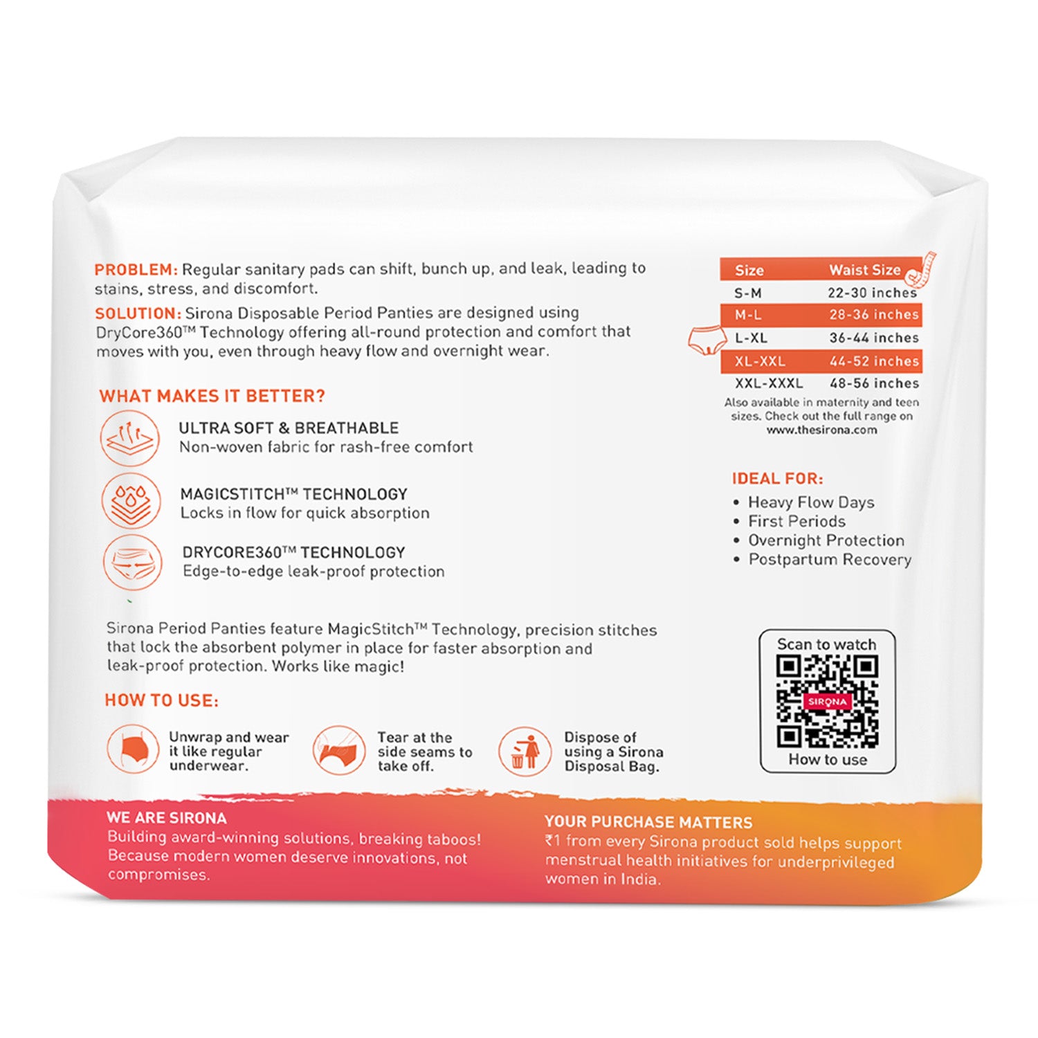 Sirona disposable period pads packaging with product details and features