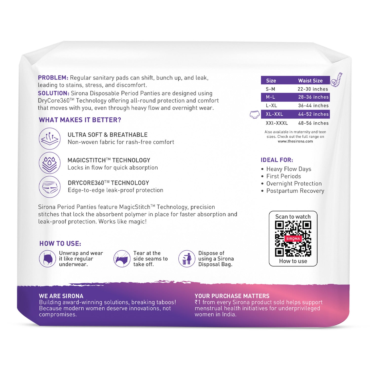 Sirona disposable period pants packaging with product details and features