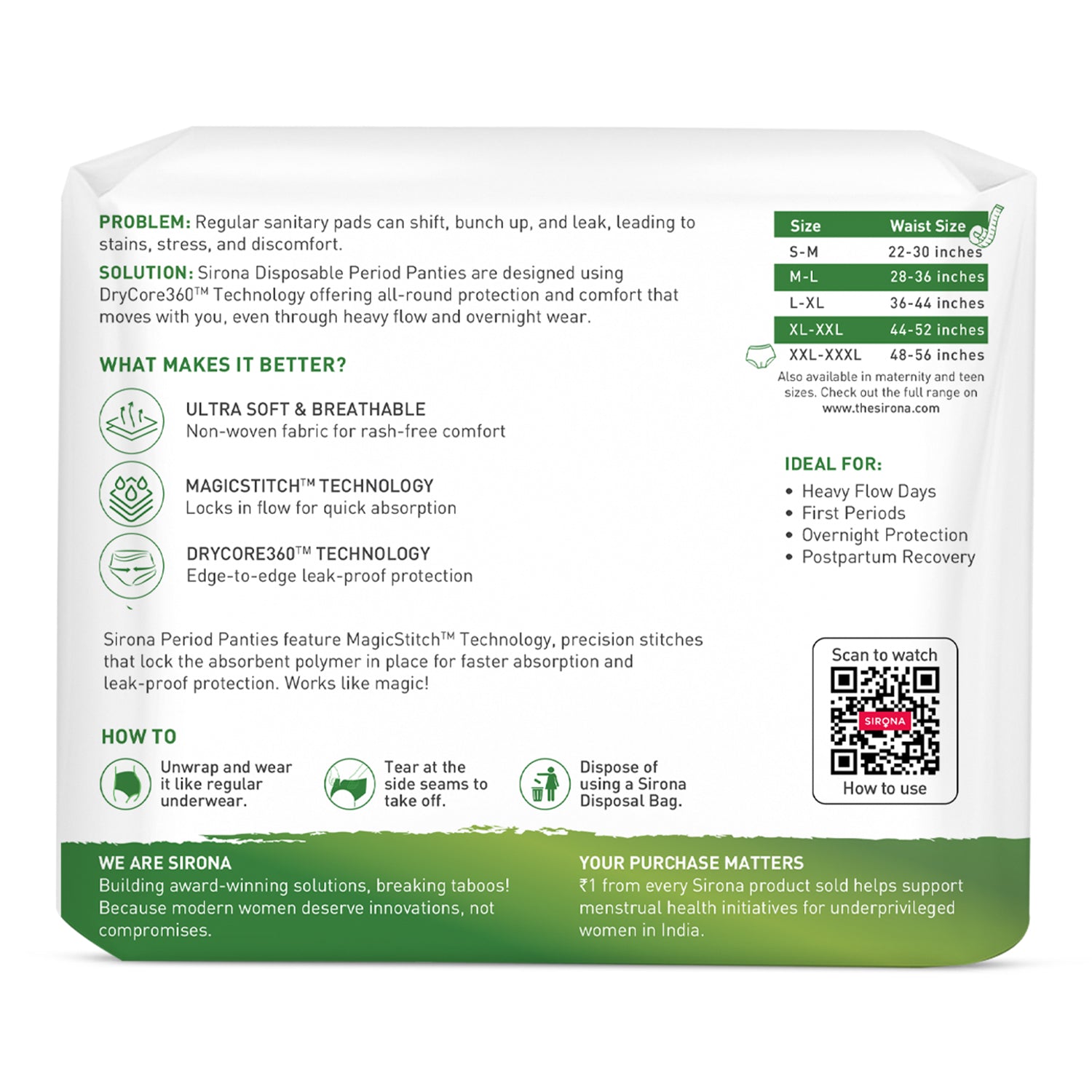 Sirona disposable period panties packaging with product details and features