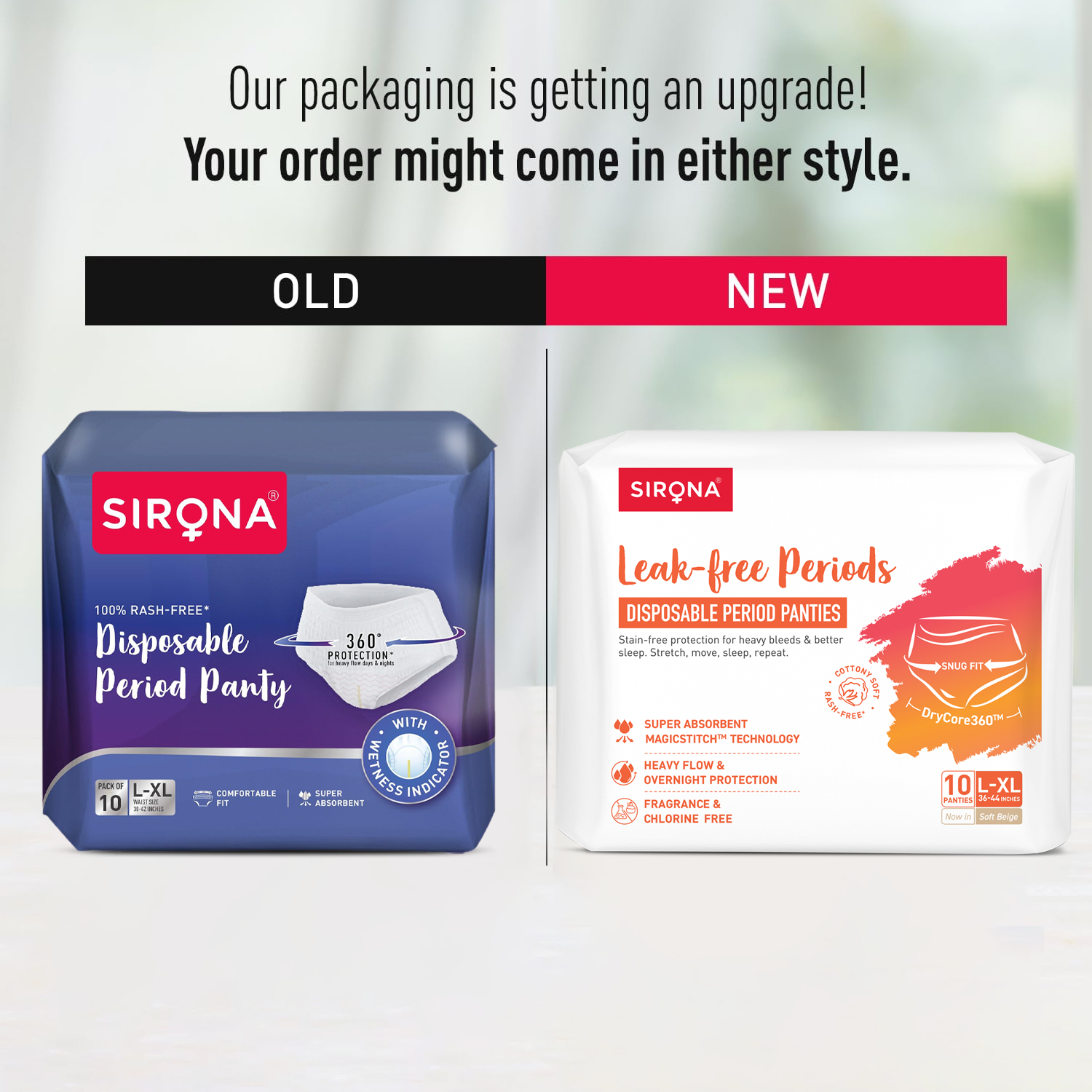 Comparison of Sirona disposable period panties packaging, old vs new design